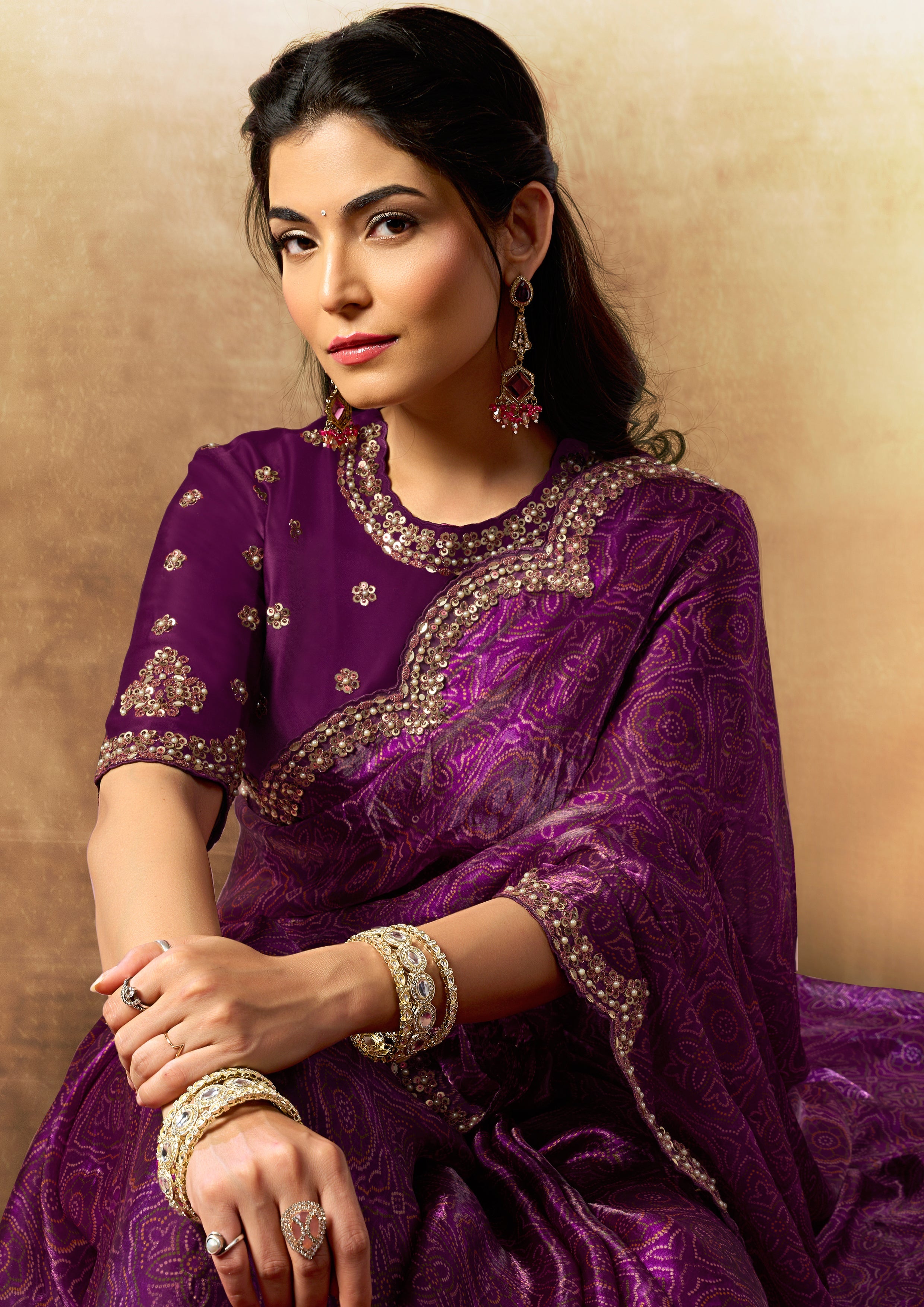 Royal Plum Embellished Satin Silk Saree