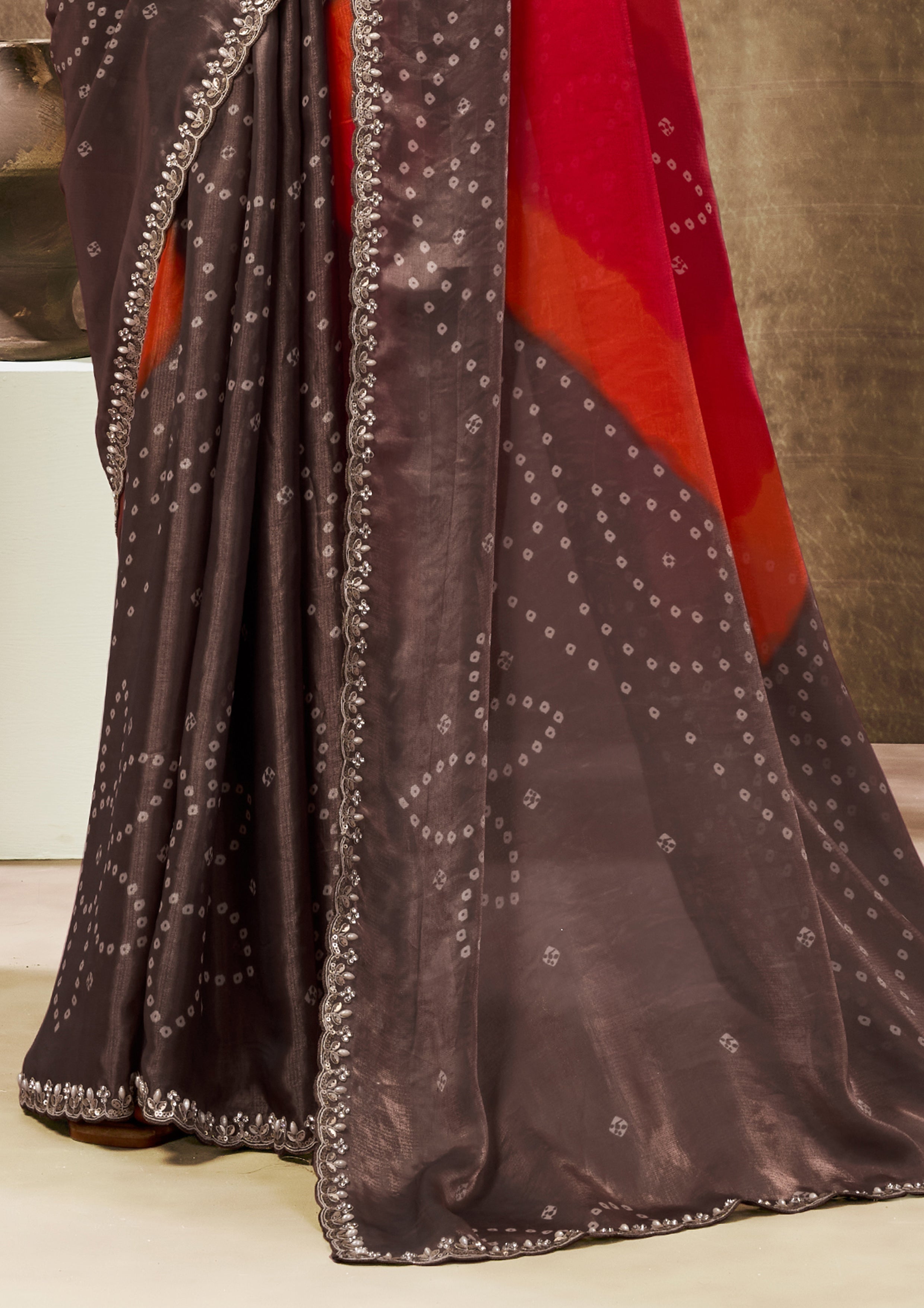 Coffee Brown Embellished Crepe Organza Silk Saree