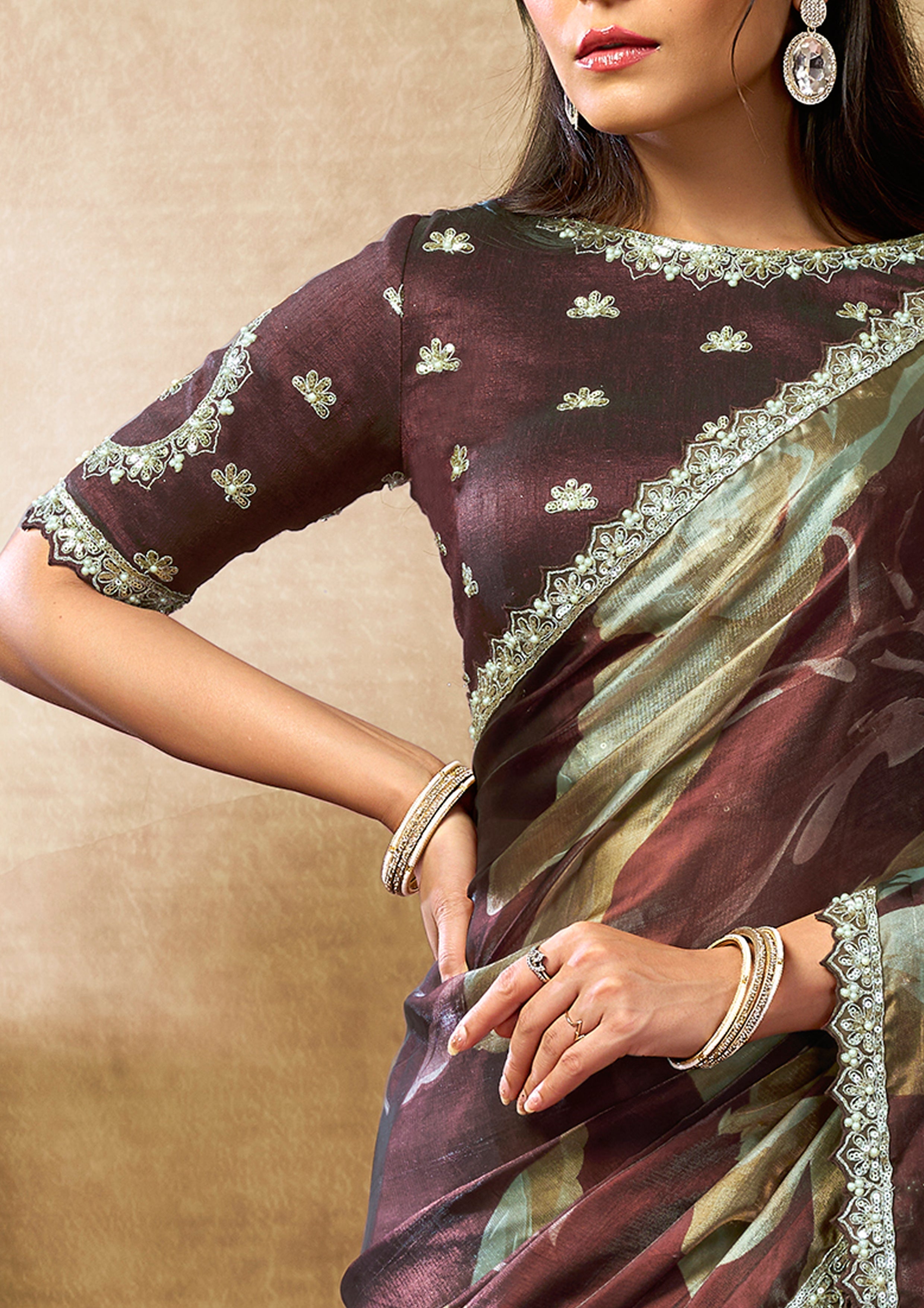 Maroon Floral Embellished Satin Silk Saree