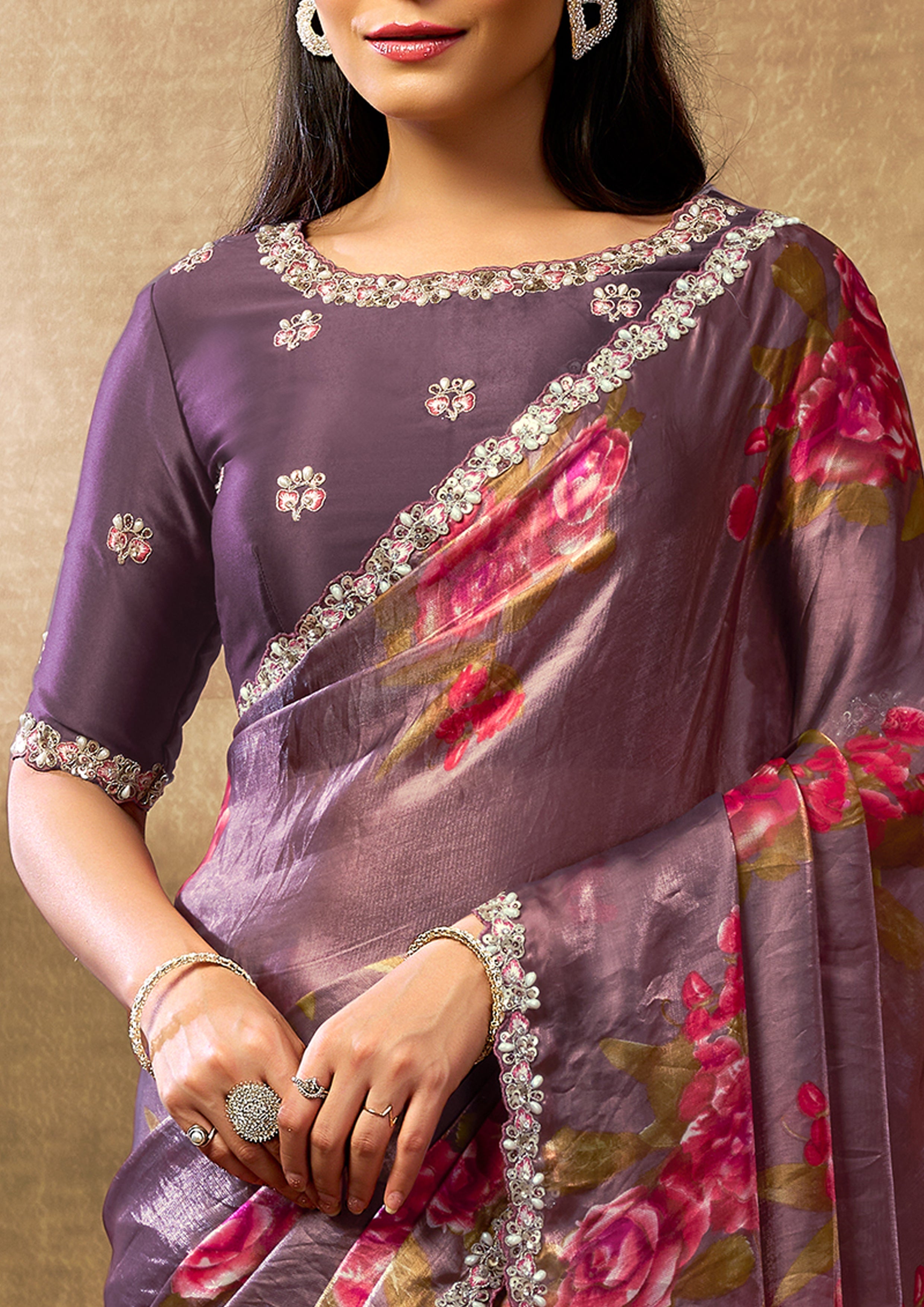Mauve Rose Embellished Crepe Tissue Silk Saree