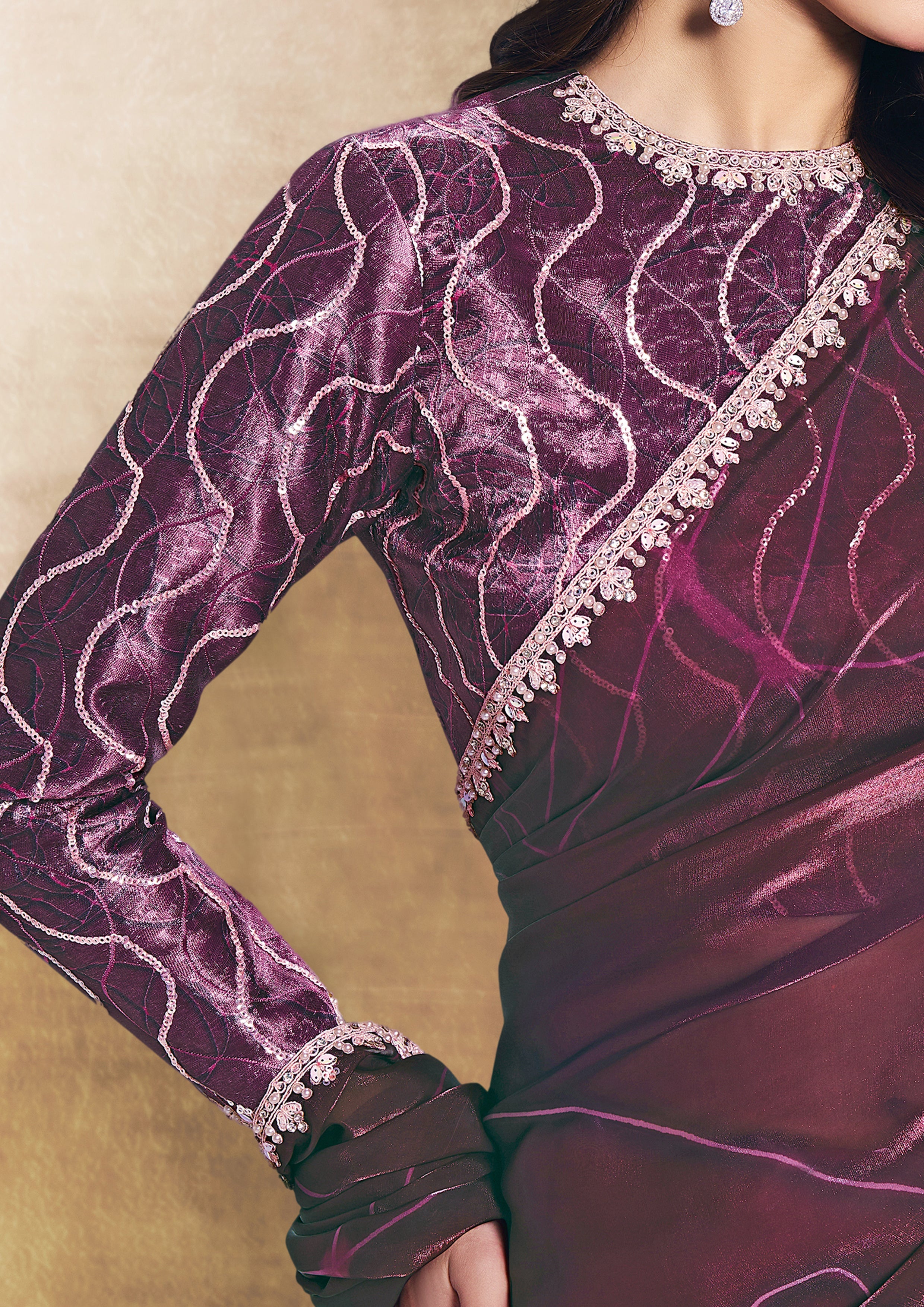 Mulberry Purple Embellished Crepe Tissue Silk Saree