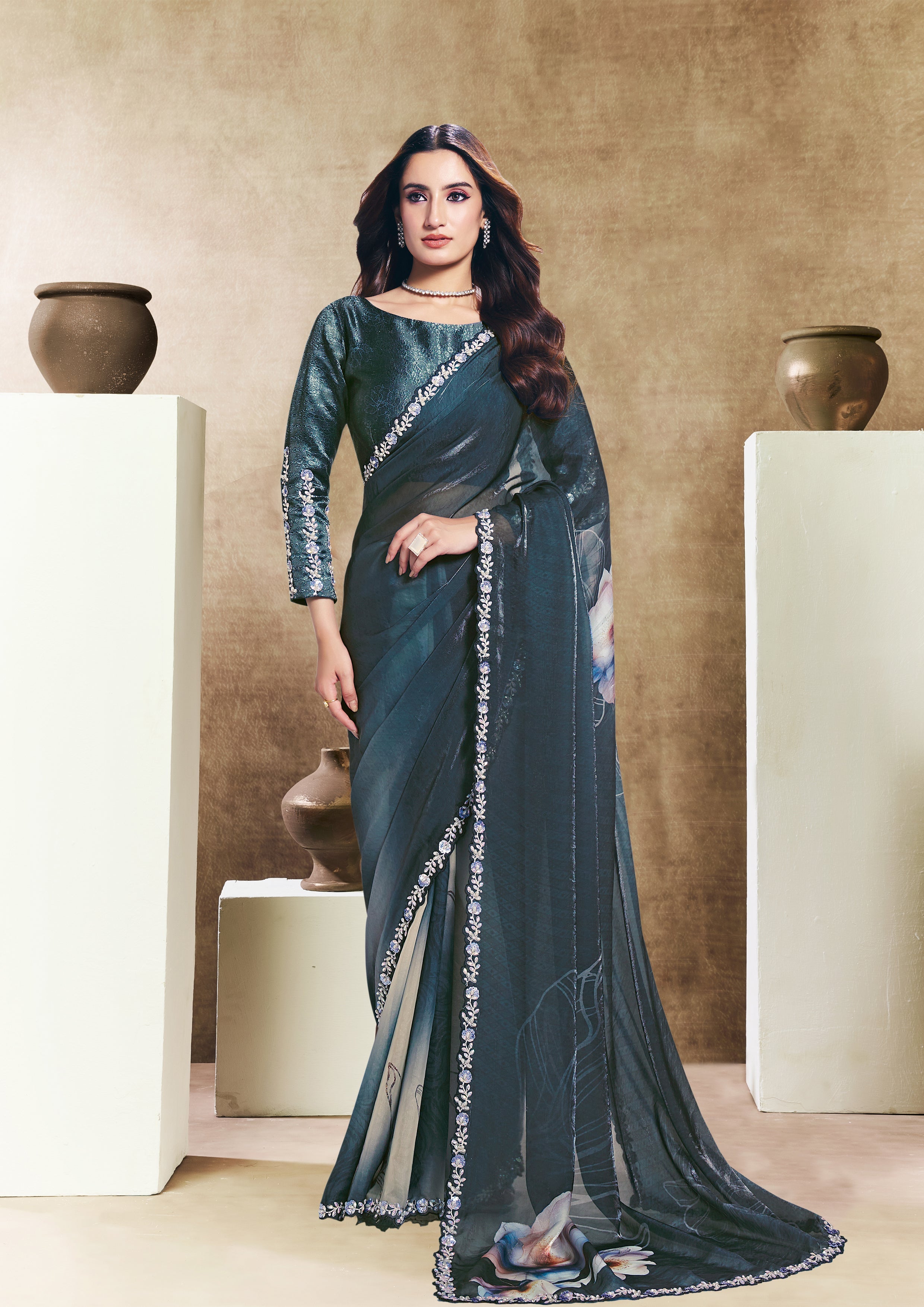 Teal Botanical Embellished Soft Organza Silk Saree