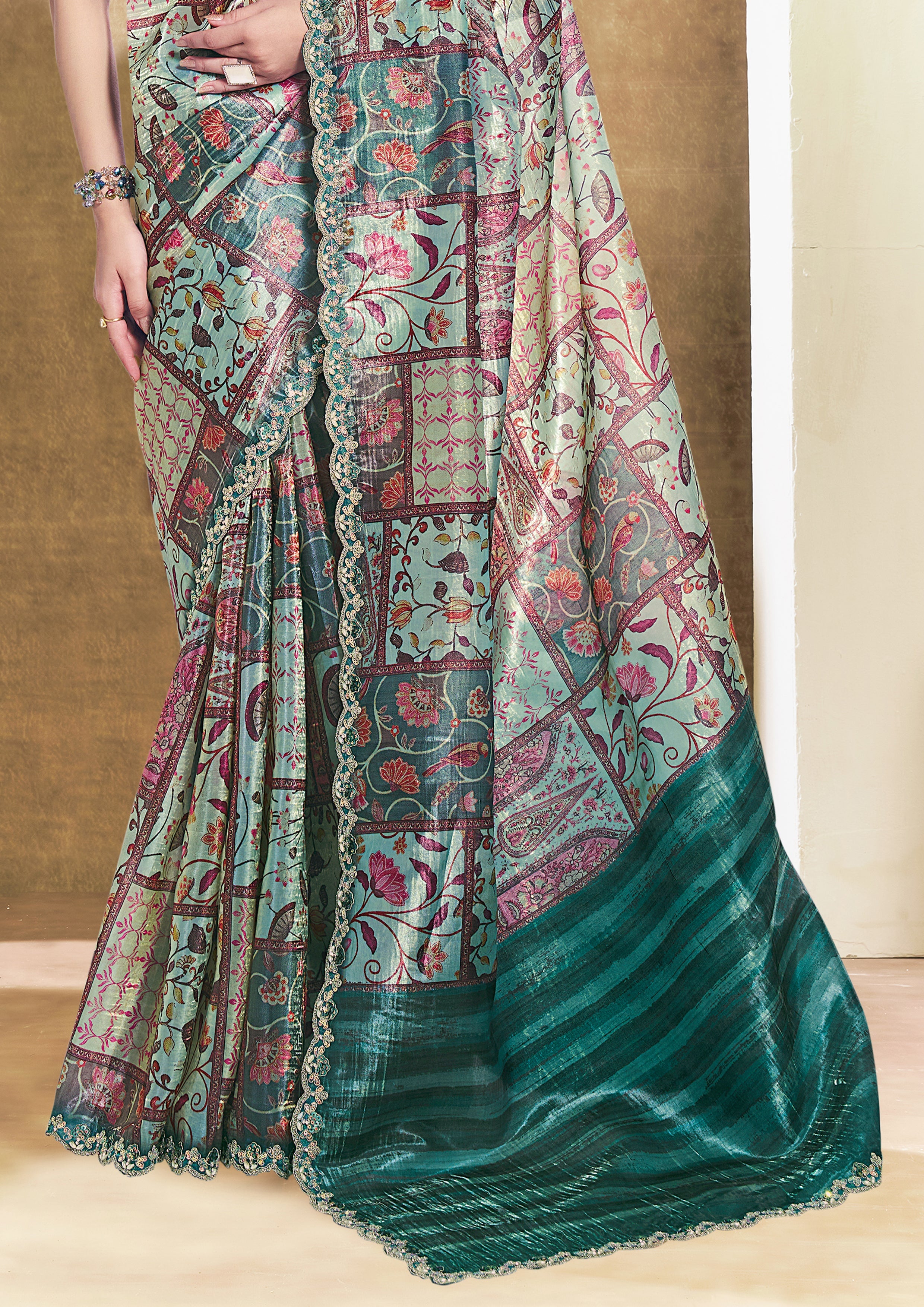Rama Green Embellished Soft Organza Silk Saree