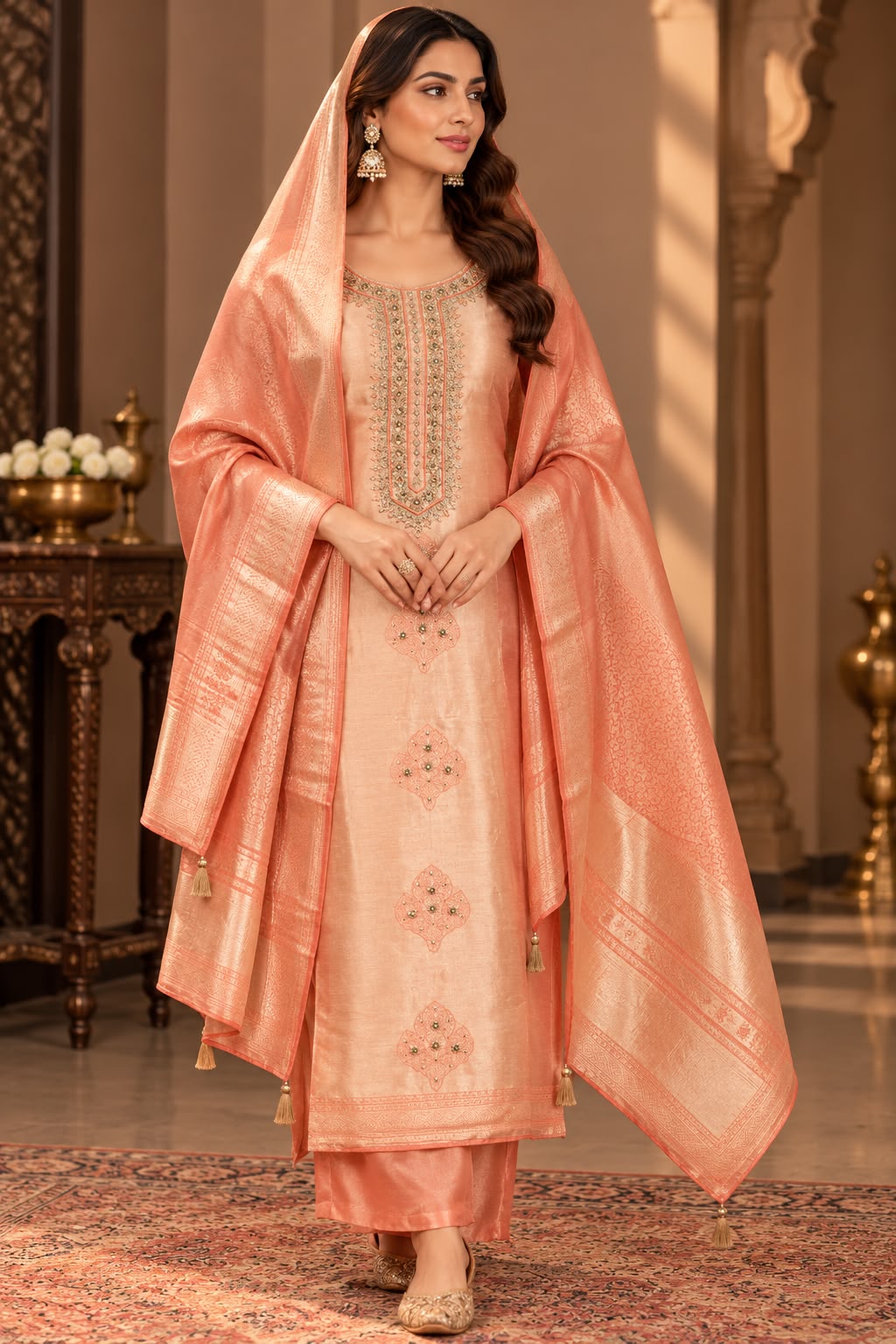 Peach Gold Embellished Viscose Silk Unstitched Suit Set