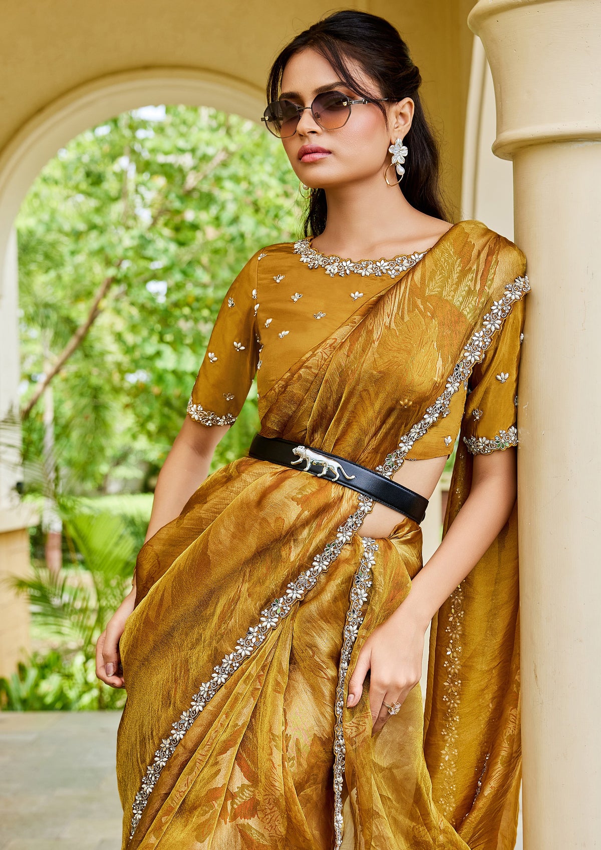 Golden Mustard Embellished Satin Silk Saree