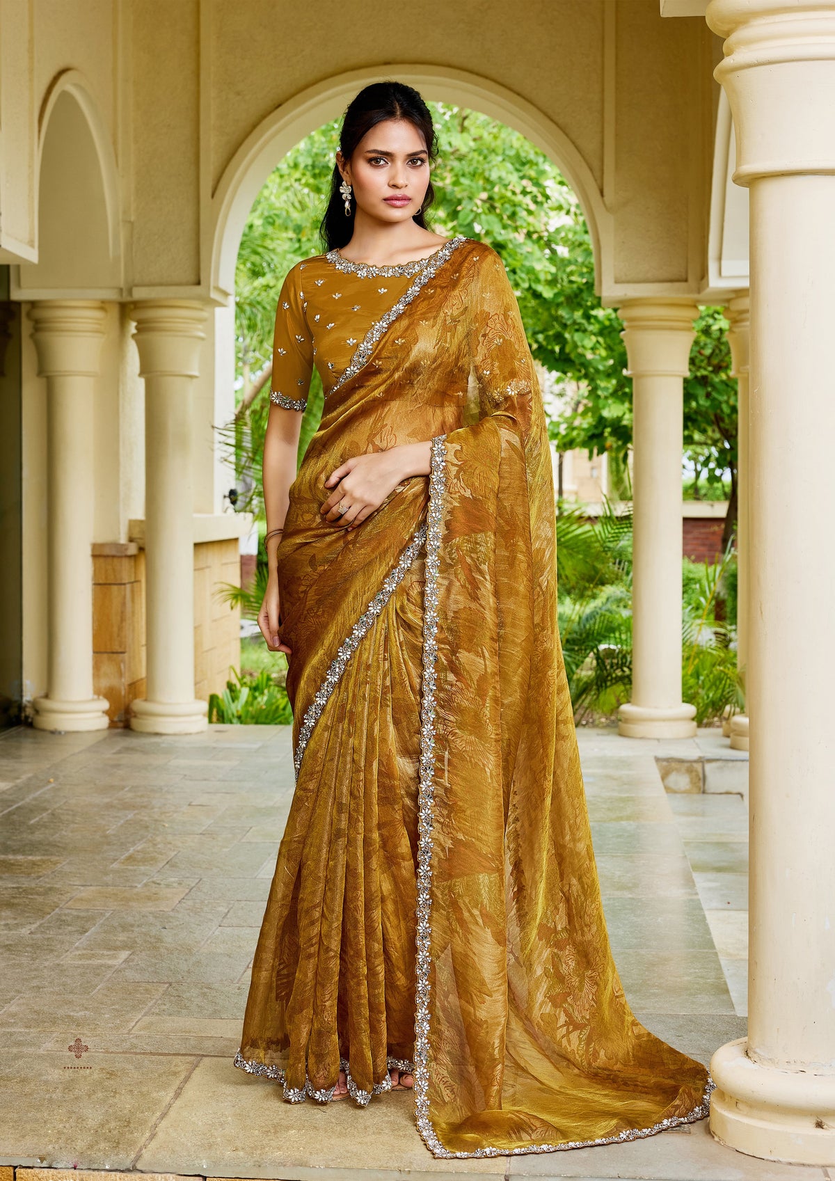 Golden Mustard Embellished Satin Silk Saree