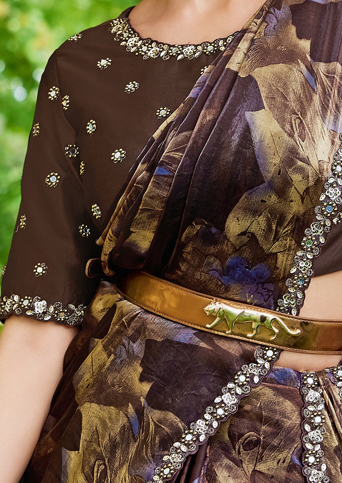 Dark Chocolate Embellished Satin Silk Saree