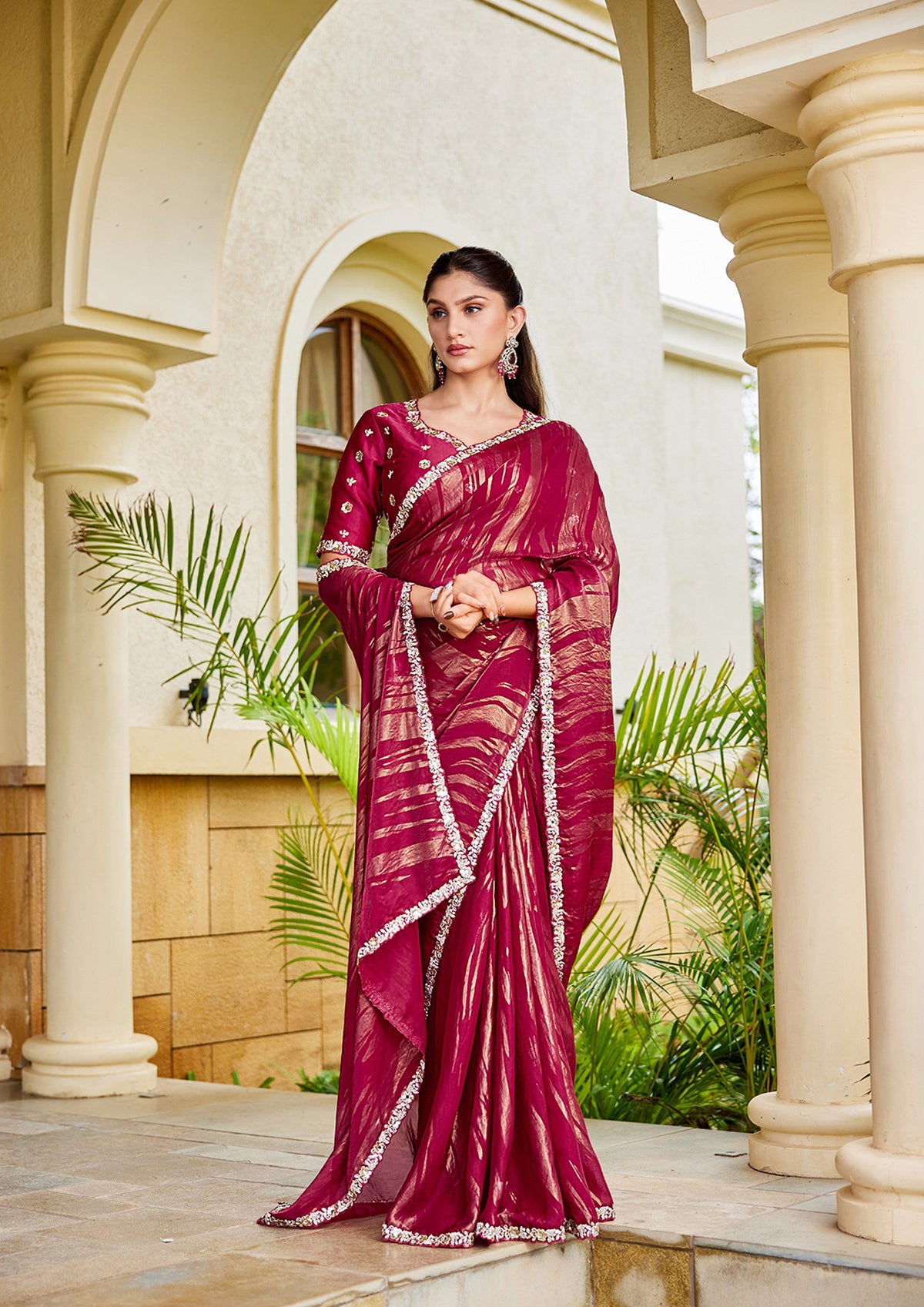 Raspberry Pink Embellished Satin Silk Saree