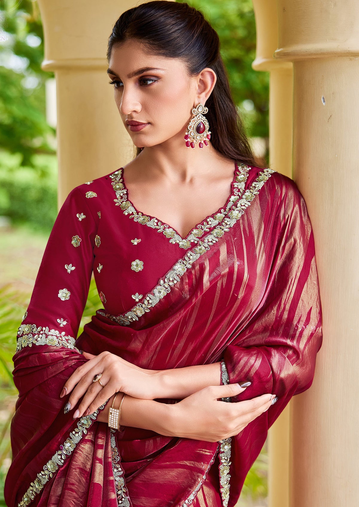 Raspberry Pink Embellished Satin Silk Saree