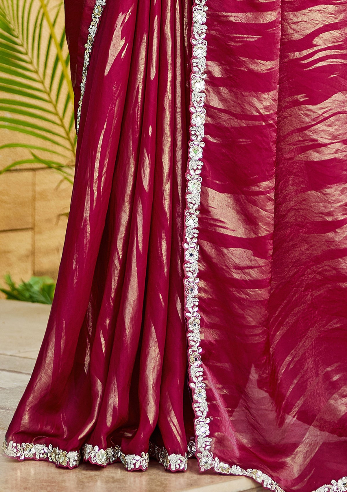 Raspberry Pink Embellished Satin Silk Saree