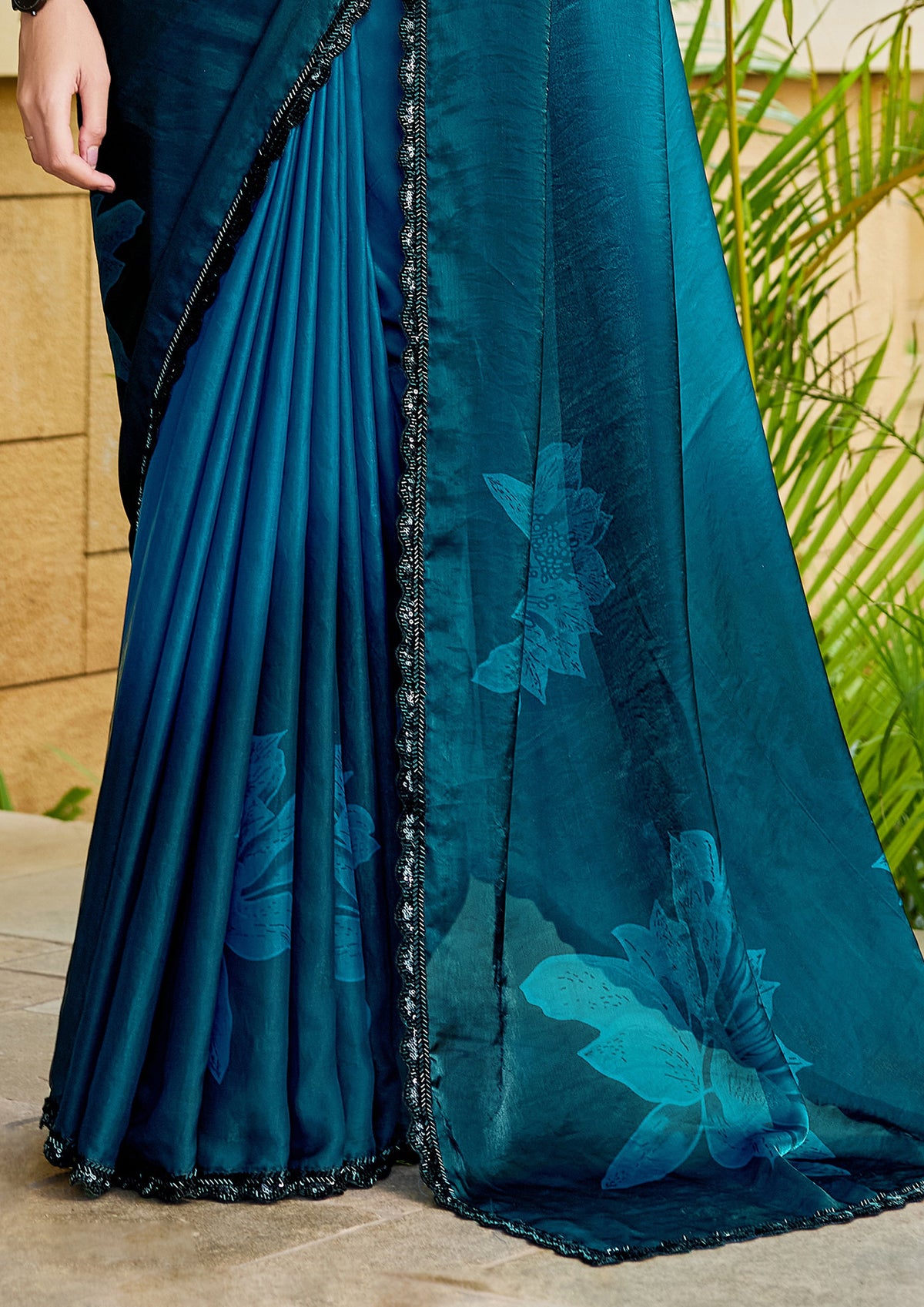 Peacock Teal Embellished Satin Silk Saree