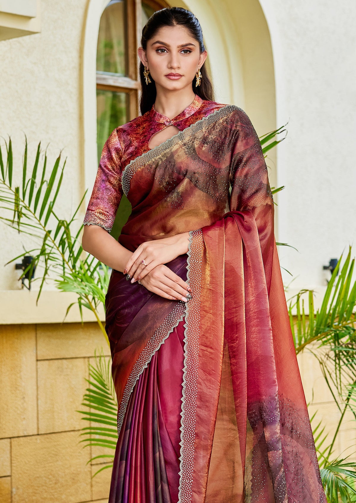 Sunset Ombre Embellished Satin Silk Saree