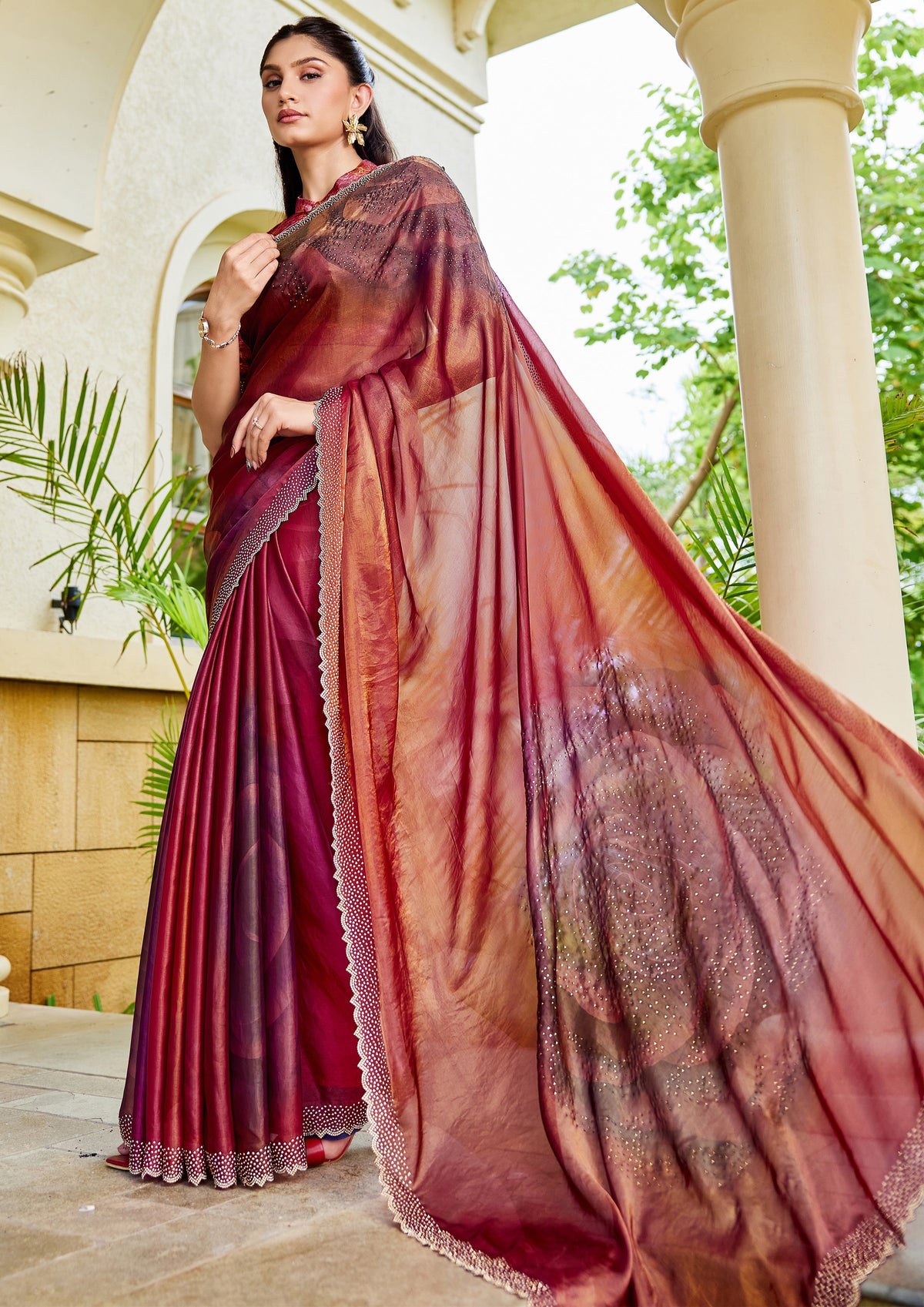 Sunset Ombre Embellished Satin Silk Saree