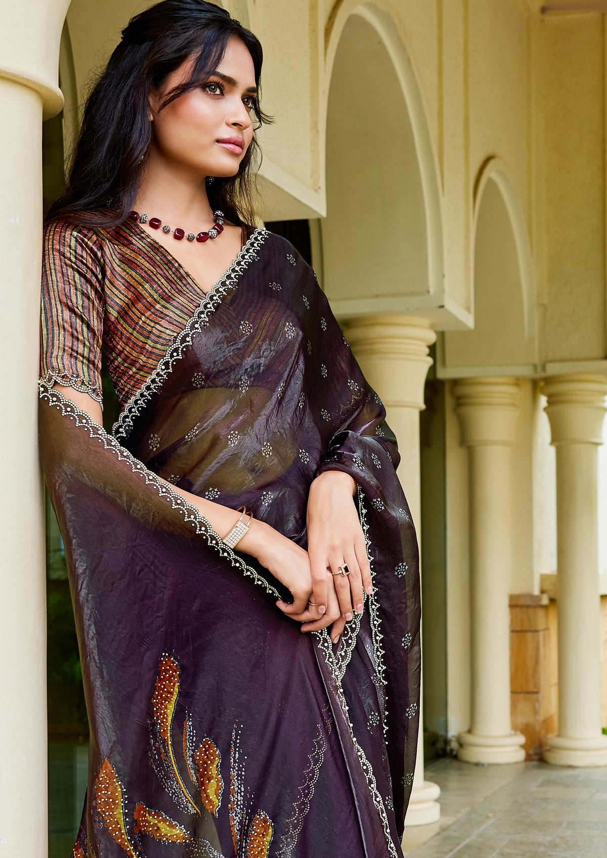 Deep Plum Embellished Satin Silk Saree