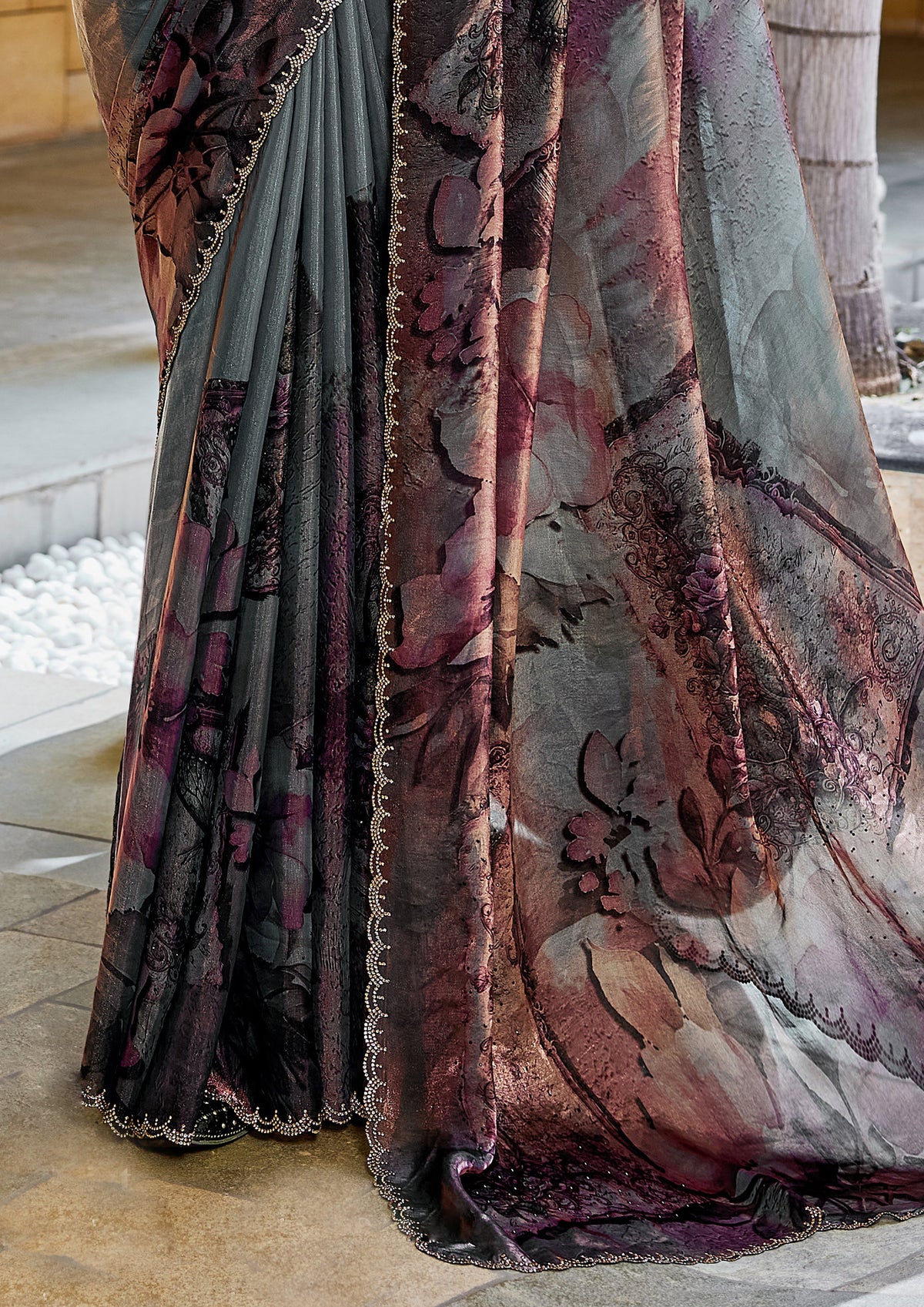 Bronze and Grey Printed Satin Silk Saree
