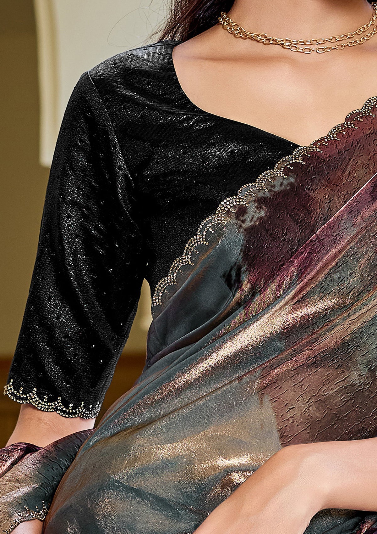 Bronze and Grey Printed Satin Silk Saree