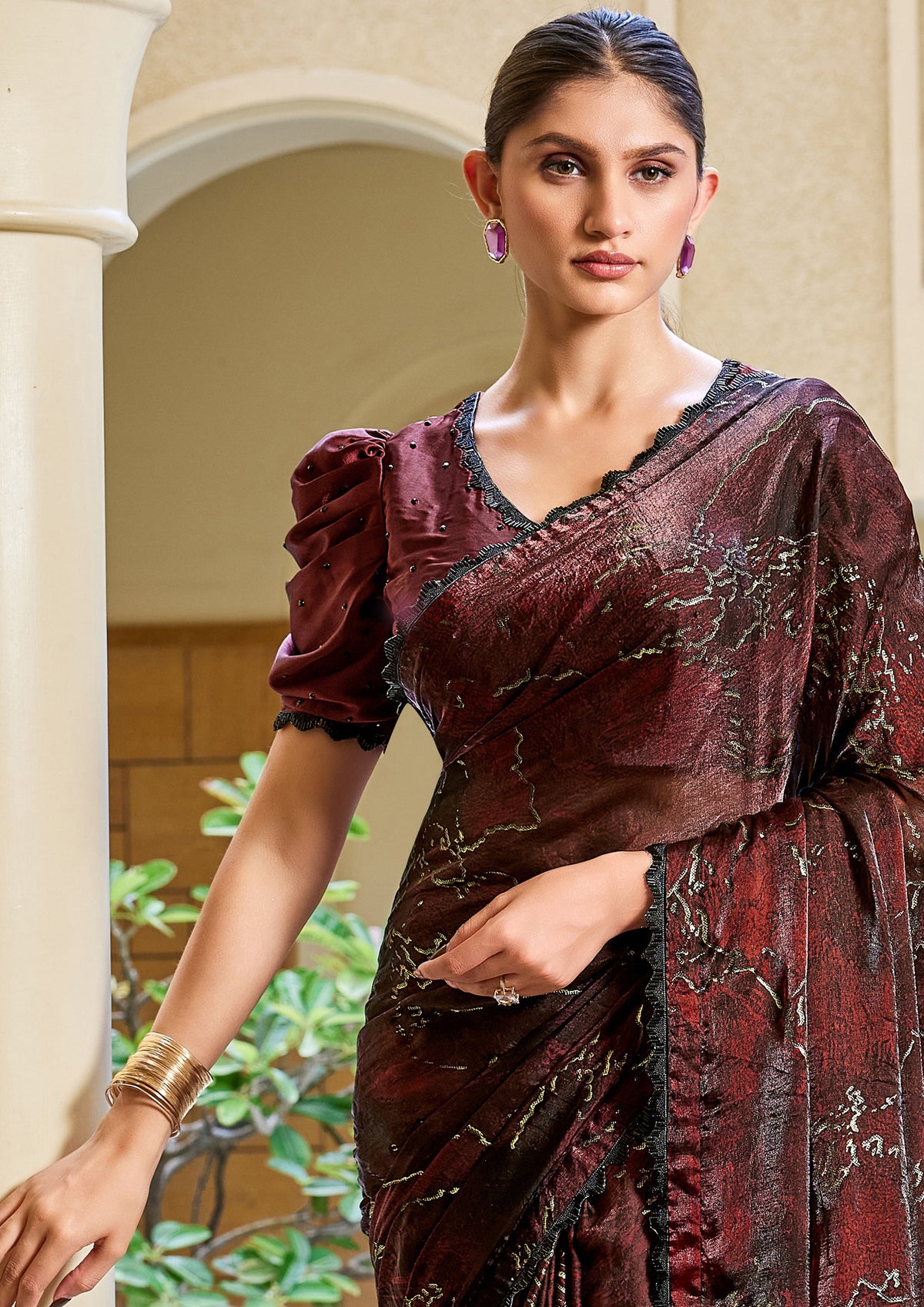 Maroon and Black Embellished Satin Silk Saree