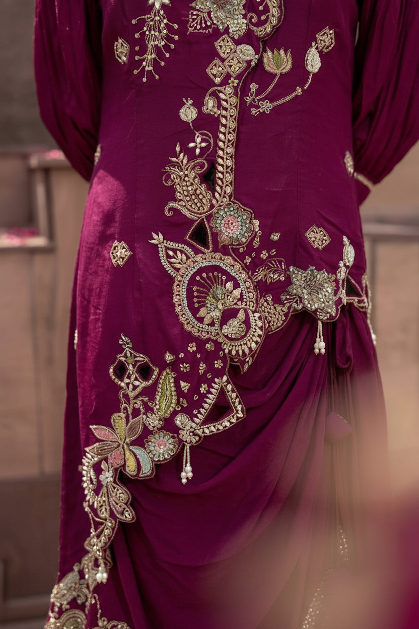 Grape Purple Embellished Crepe Silk Draped Skirt Set