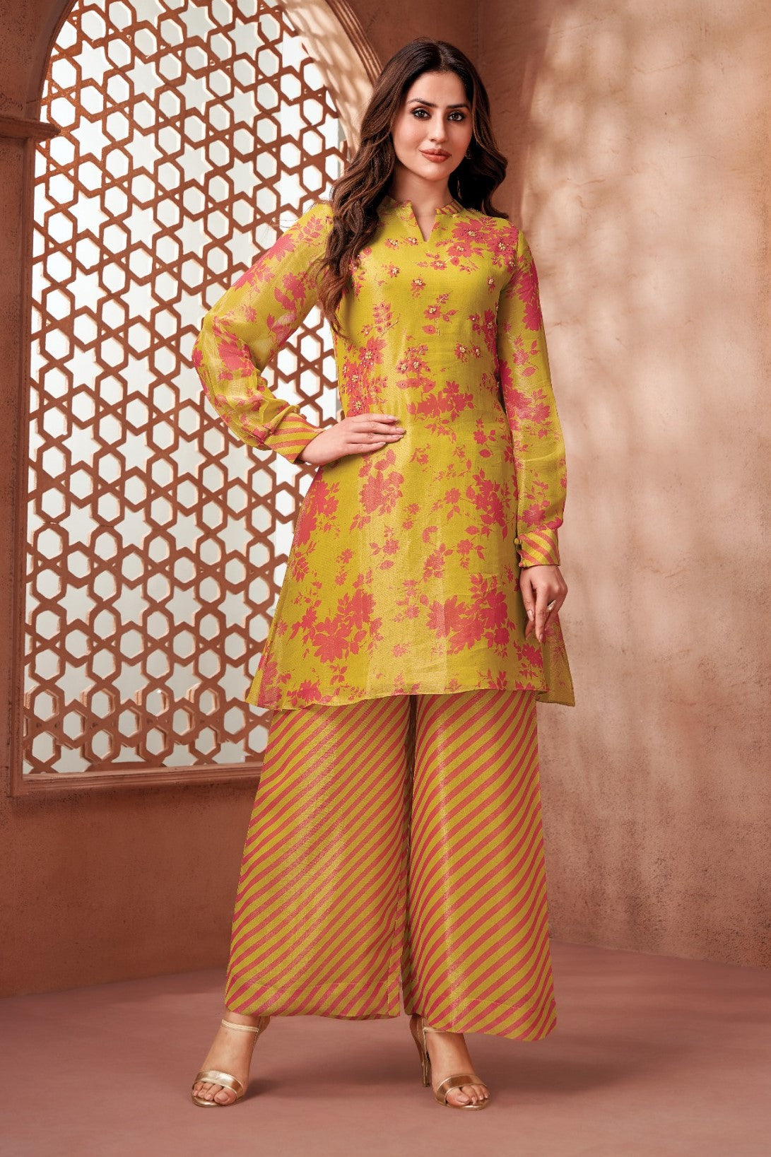 Yellow Floral Printed Crepe Silk Kurta Pant Set