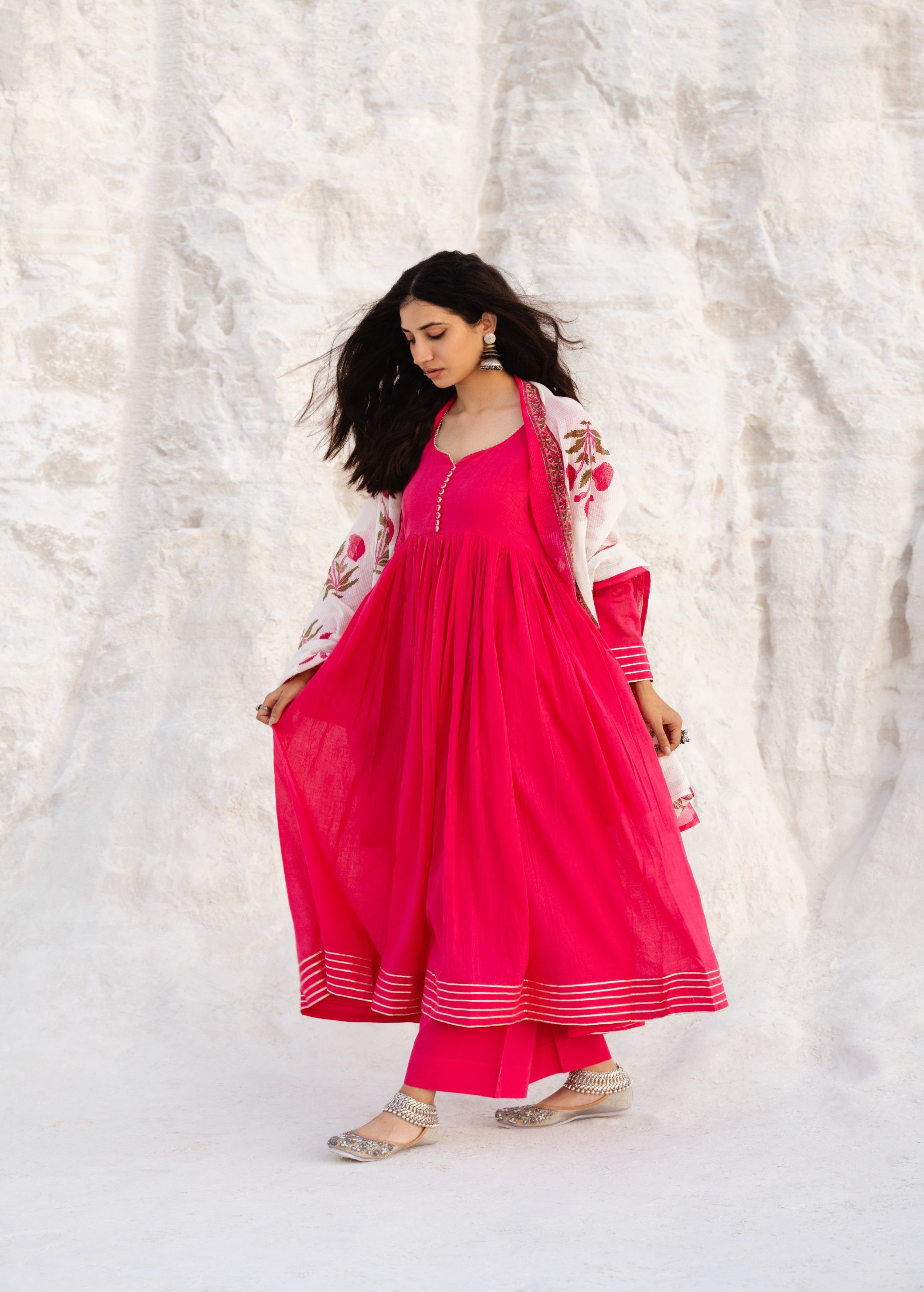 Magenta Pink Embellished Mul Cotton Anarkali Set