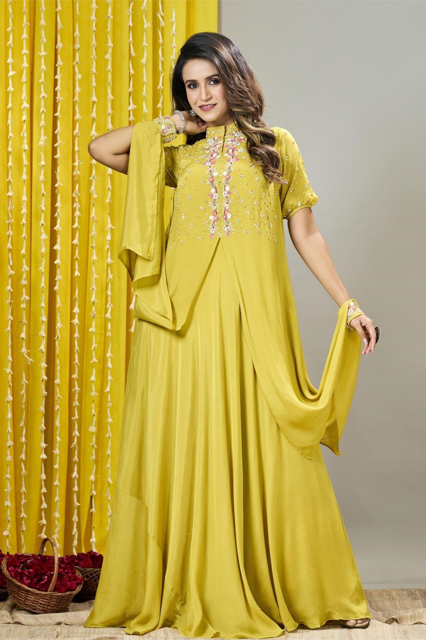 Festive Yellow Embellished Premium Chinon Silk Gown
