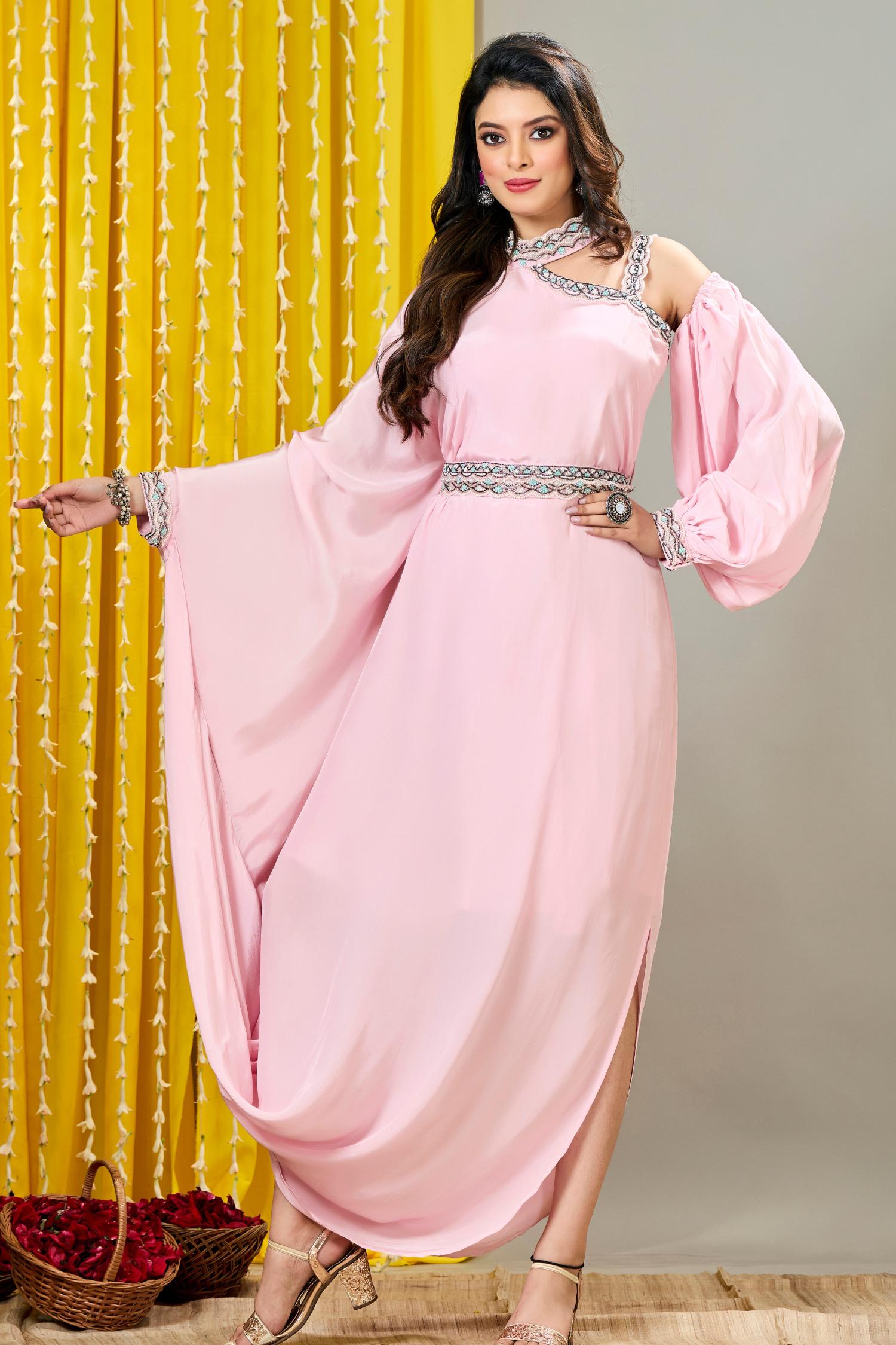 Light Pink Embellished Crepe Silk Draped Gown