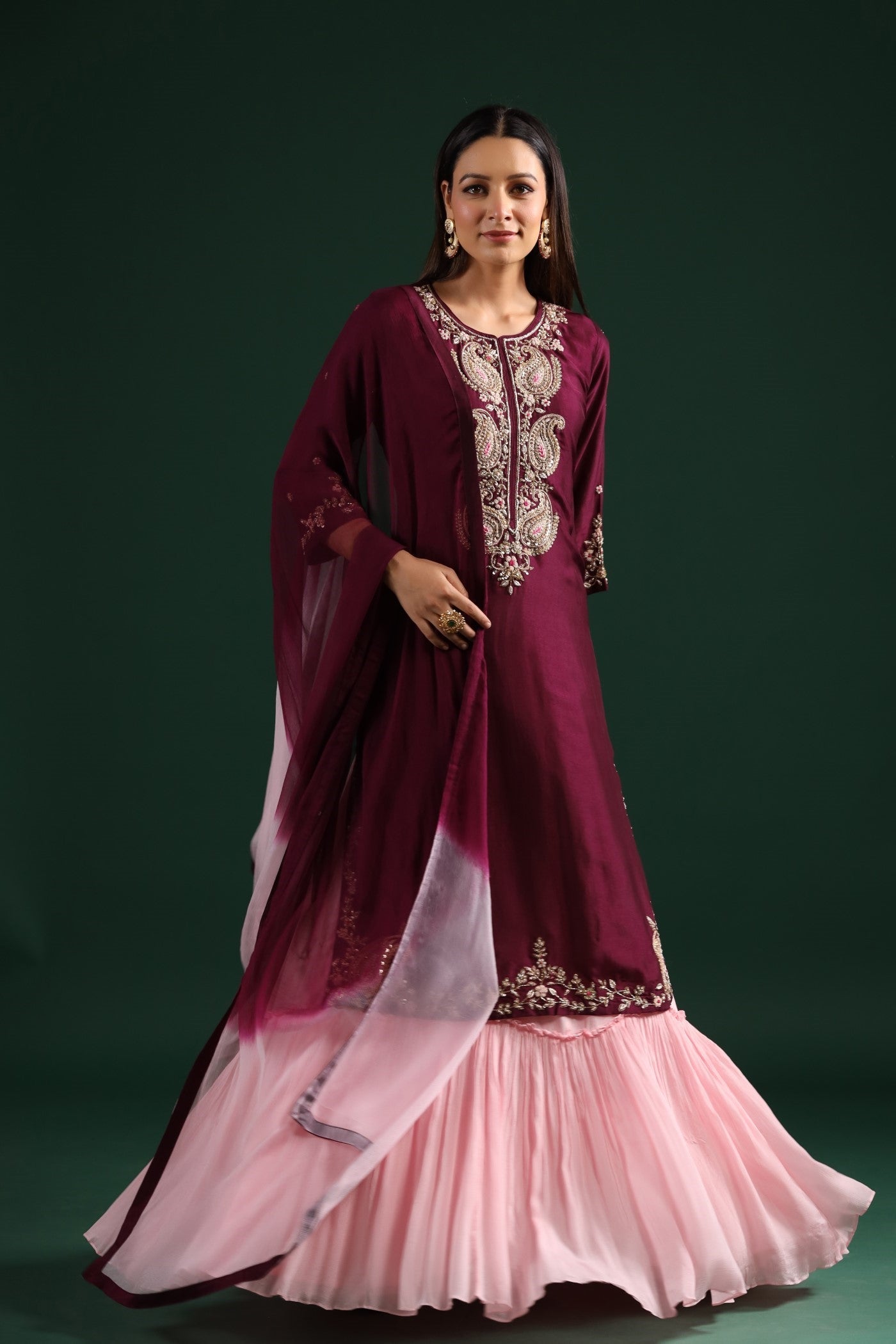 Wine Embroidered Kurta With Contrast Dress