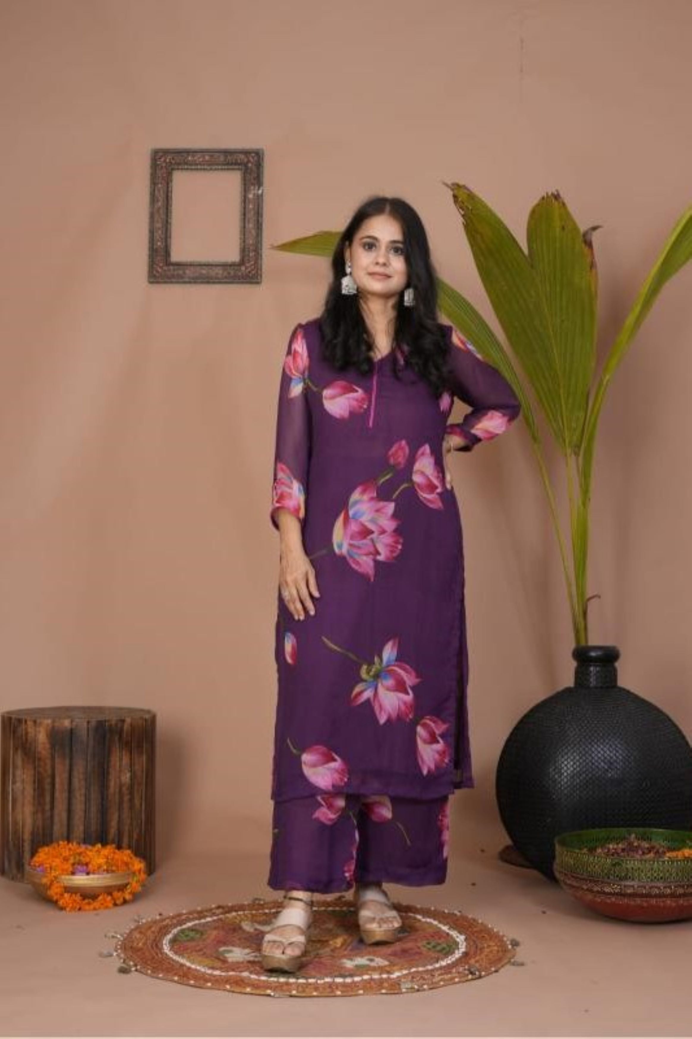 Purple Floral Prints Chiffon Silk Palazzo Set