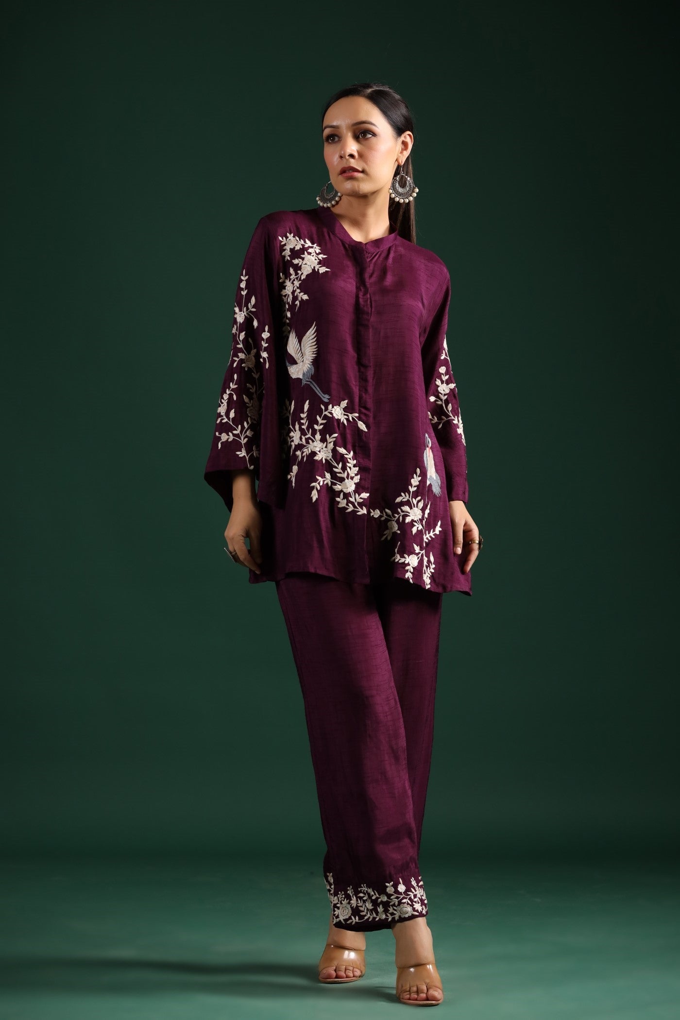 Wine Floral Embroidered Co-Ord Set