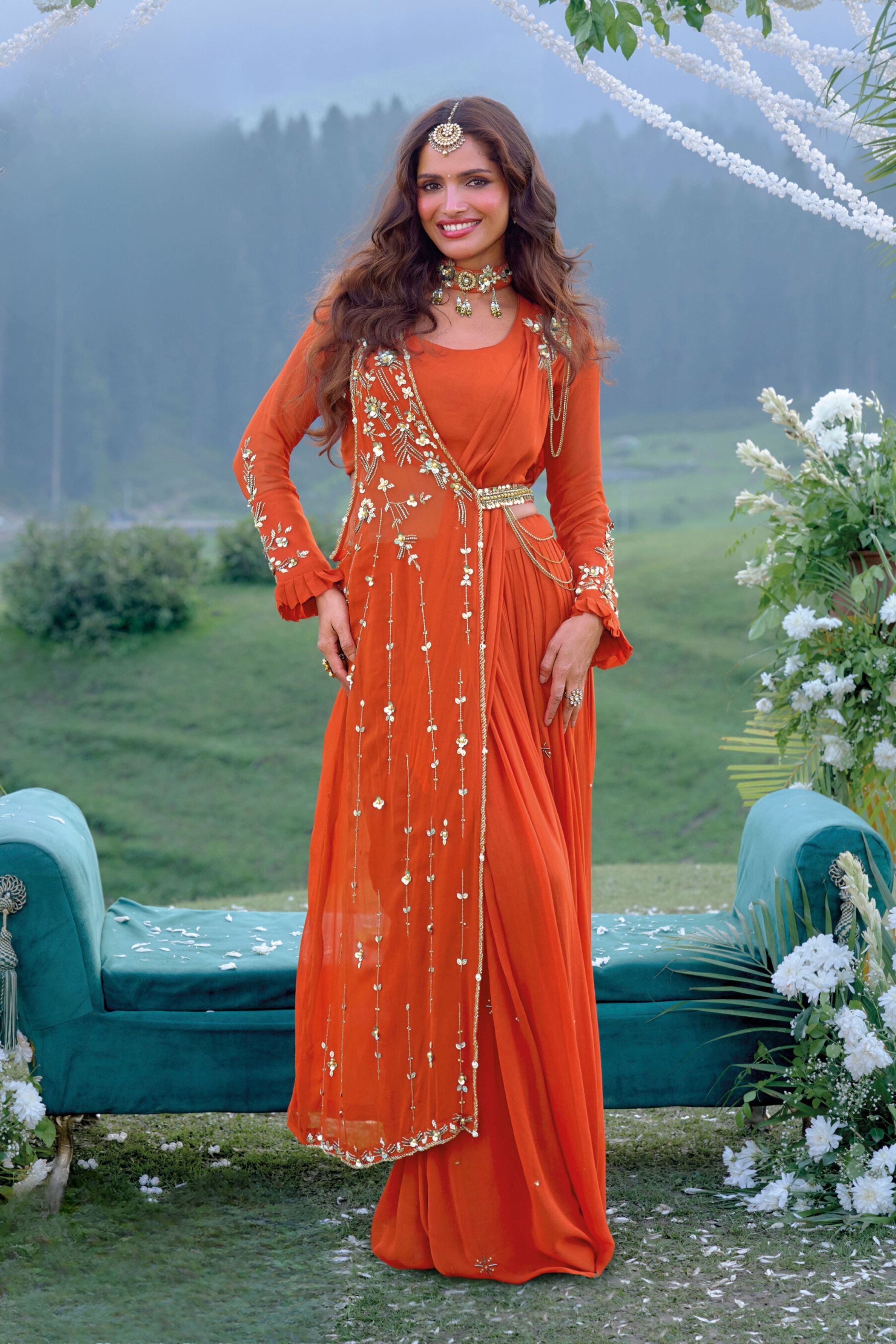 Orange Embellished Georgette Silk Draped Saree