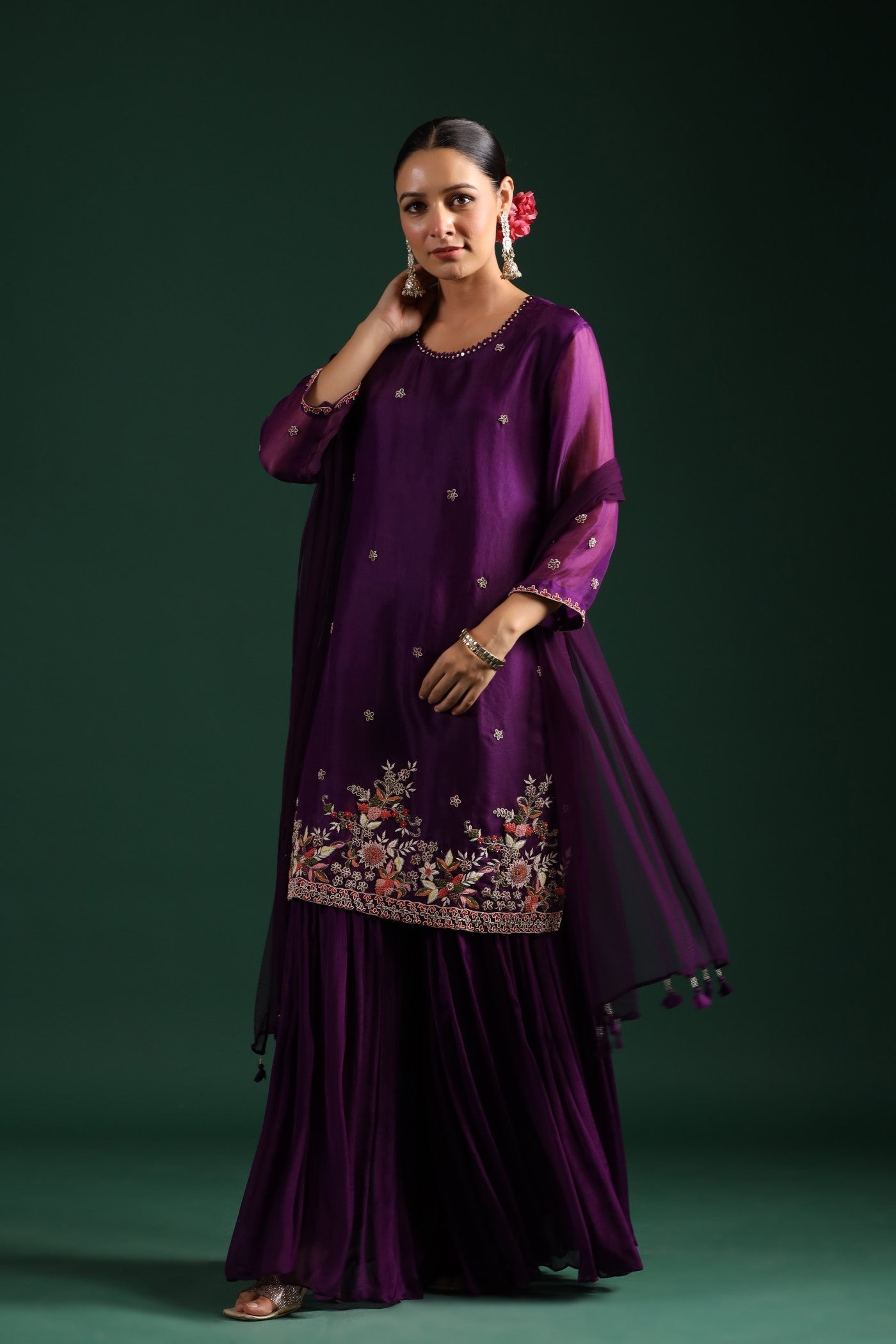 Wine Embellished Sharara Set