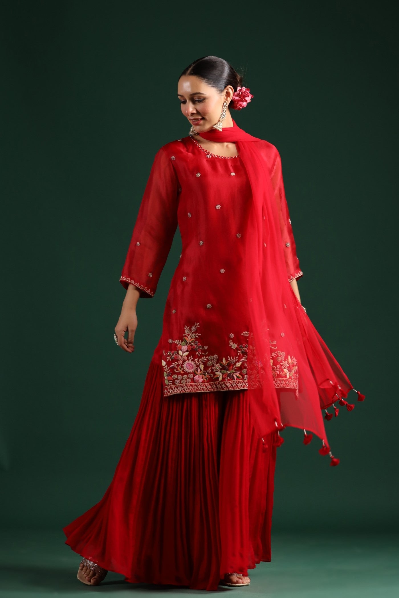 Red Embellished Sharara Set