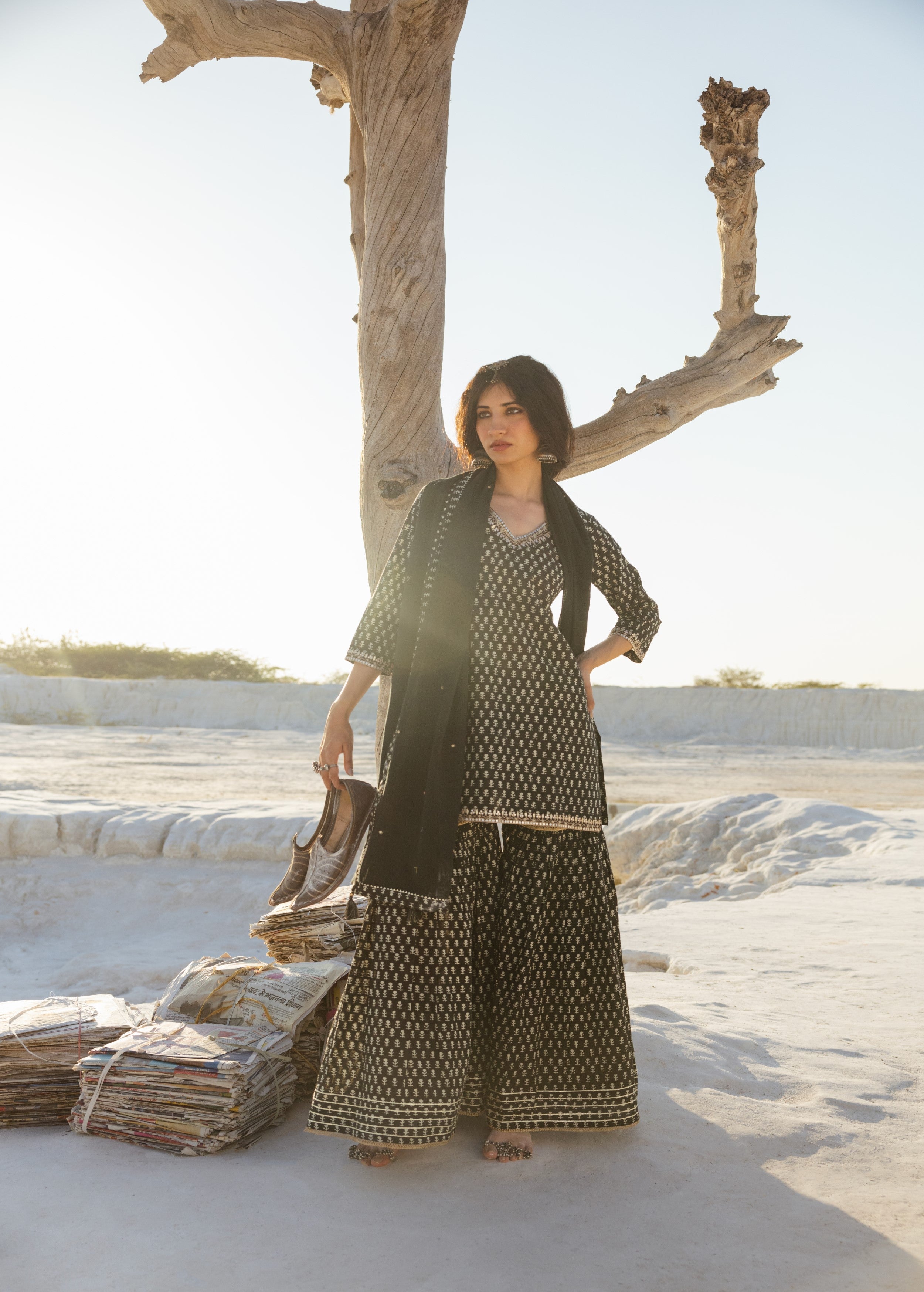 Black Block Printed Organic Cotton Sharara Set