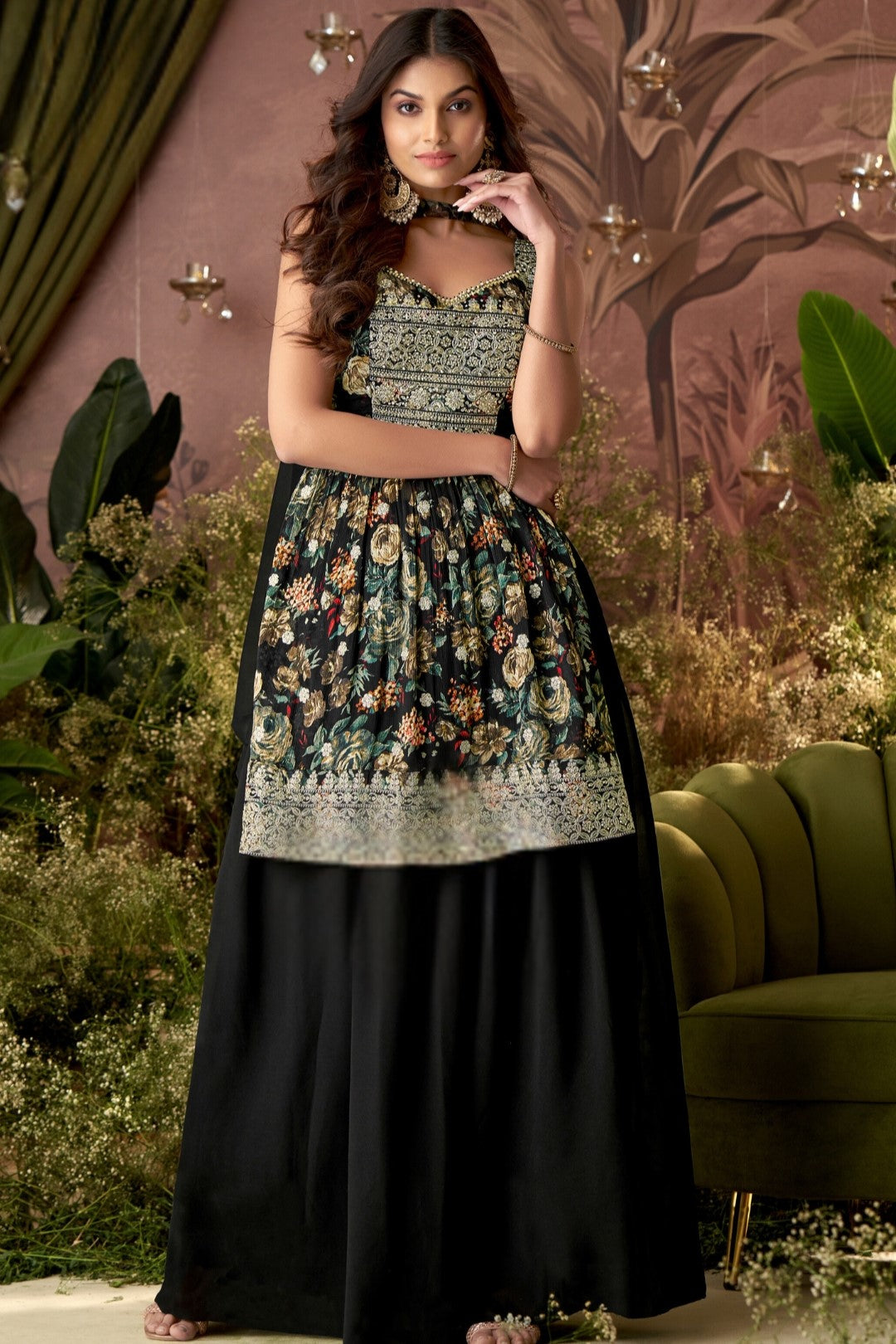 Black Embellished Georgette Silk Palazzo Set