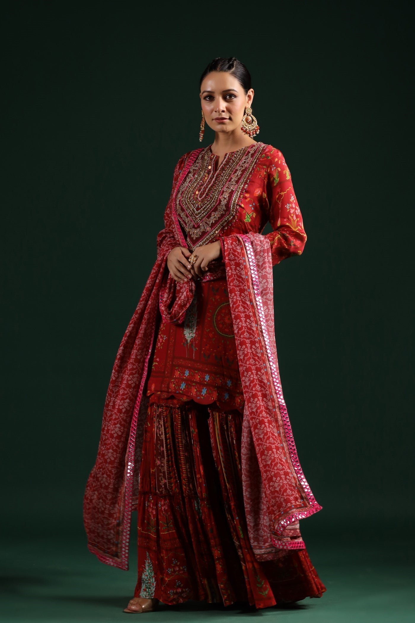 Ruby Red Wrinkled Chinon Printed Sharara Set