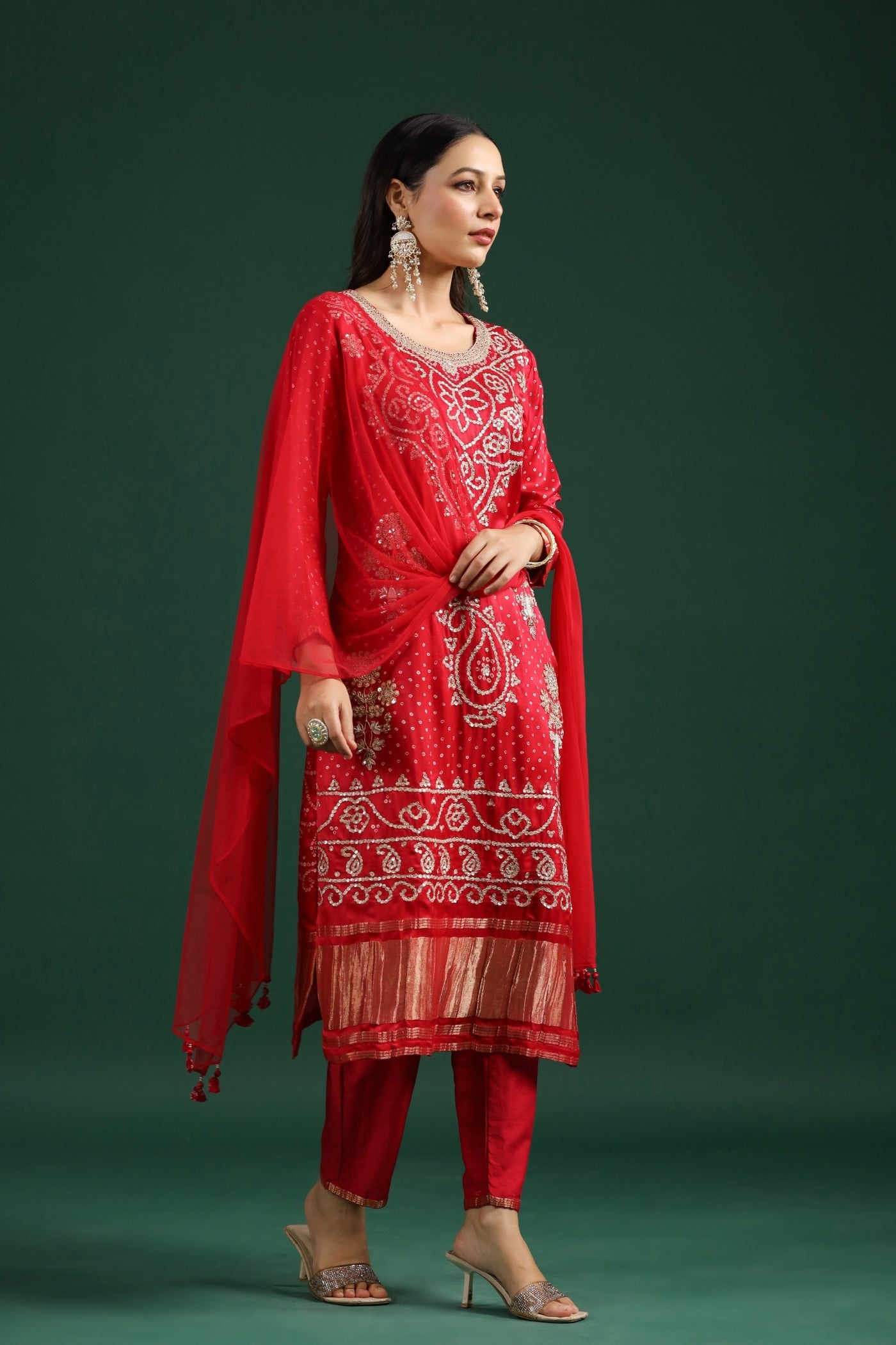 Red Bandhej Gajji Silk Kurta Set