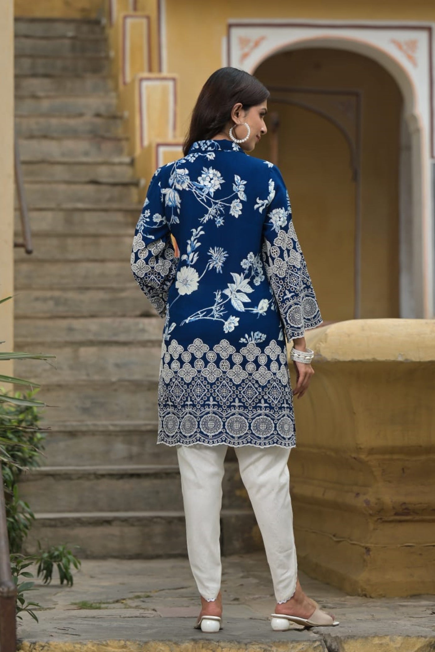 Blue Floral Embroidered Tunic with Dhoti Pants