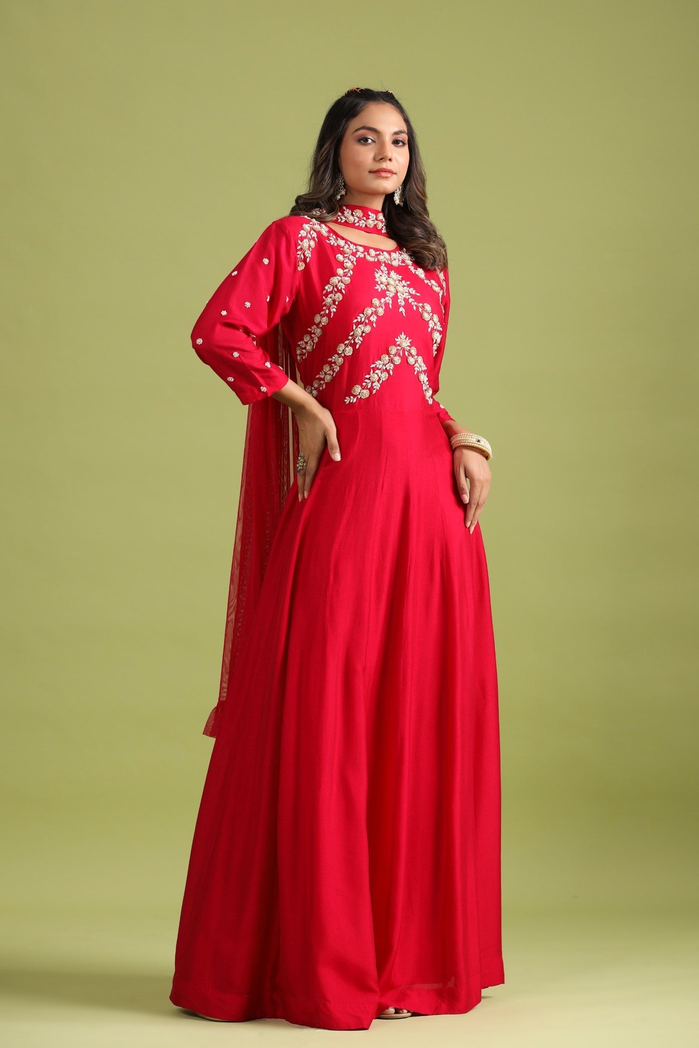 Red Embellished Anarkali Set