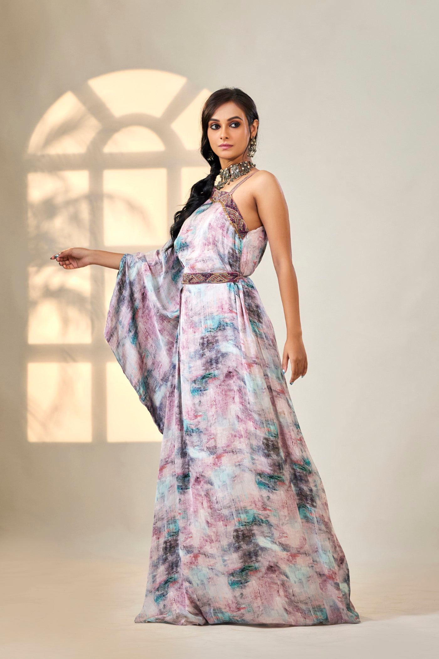 Purple Digital Printed Italian Silk Gown