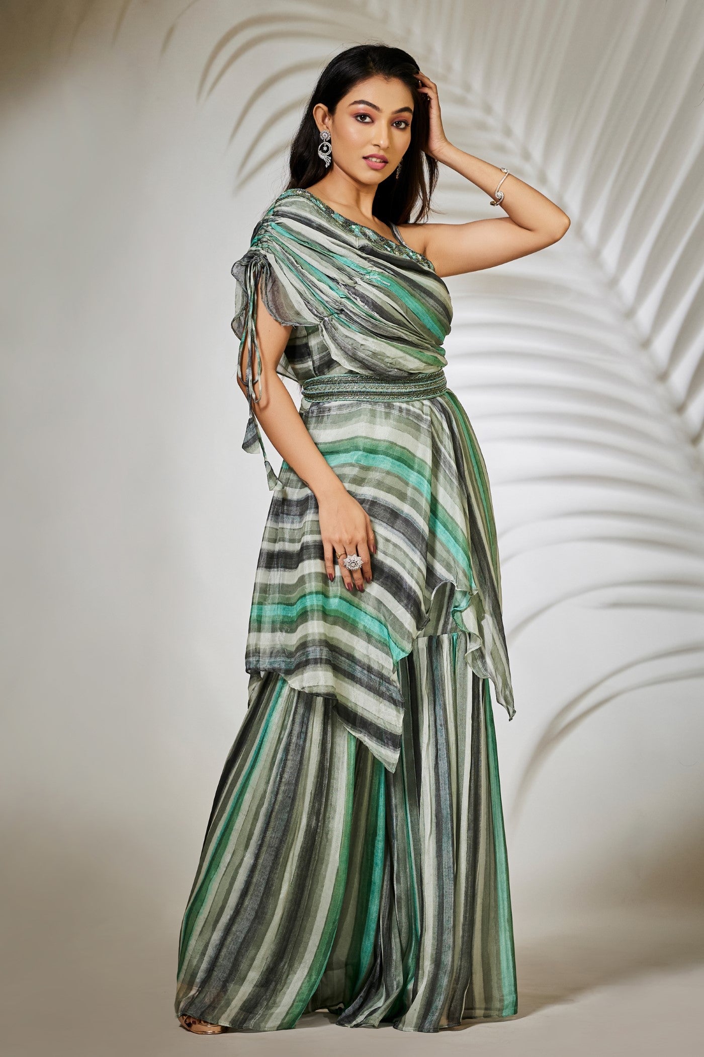 Pastel Blue Striped Pure Chinnon Tunic with Sharara