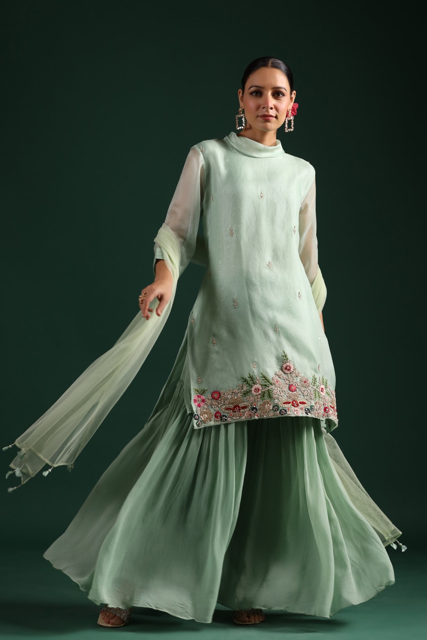 Mint Green Embroidered Sharara Set