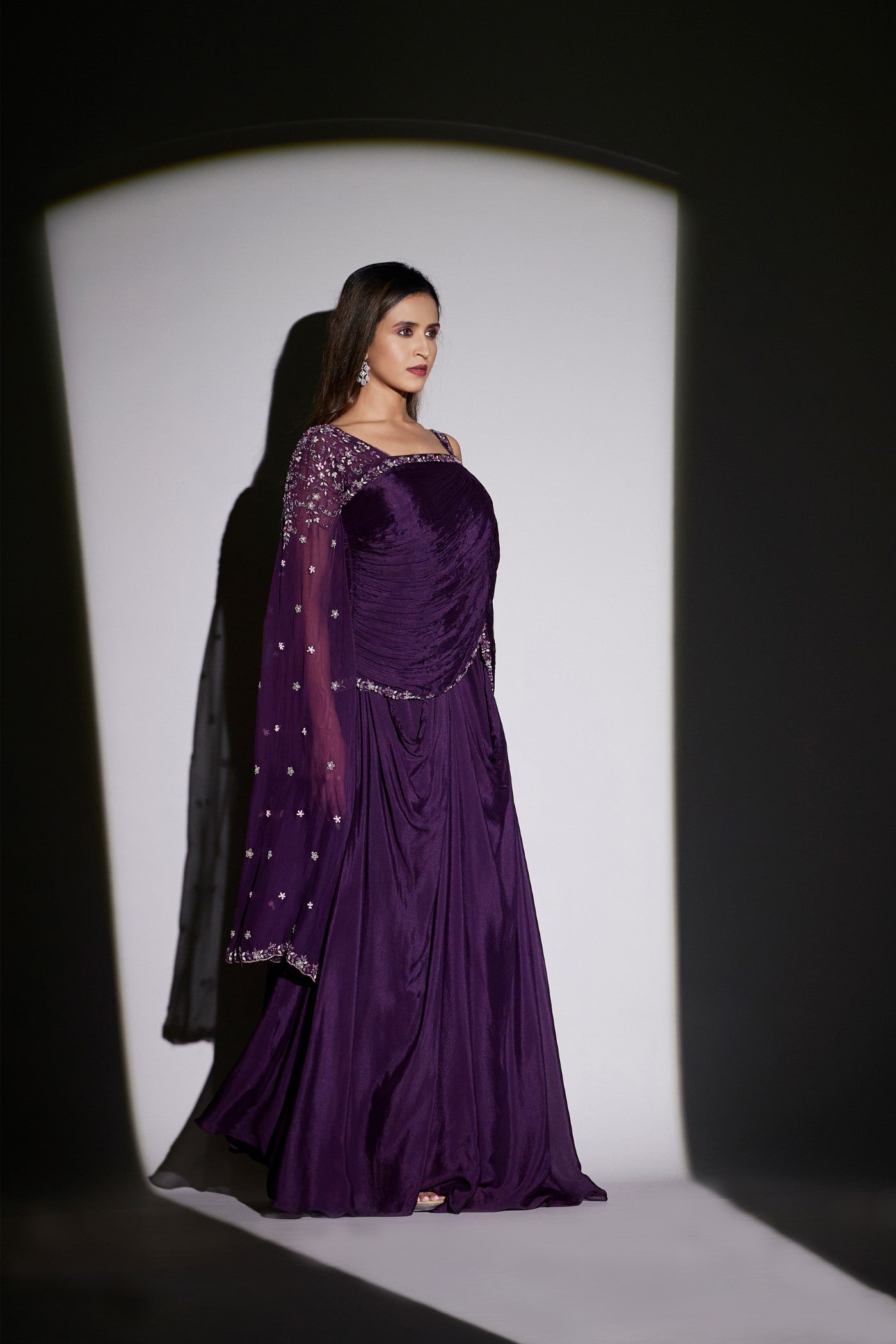 Purple Pure Chinon Silk Draped Gown