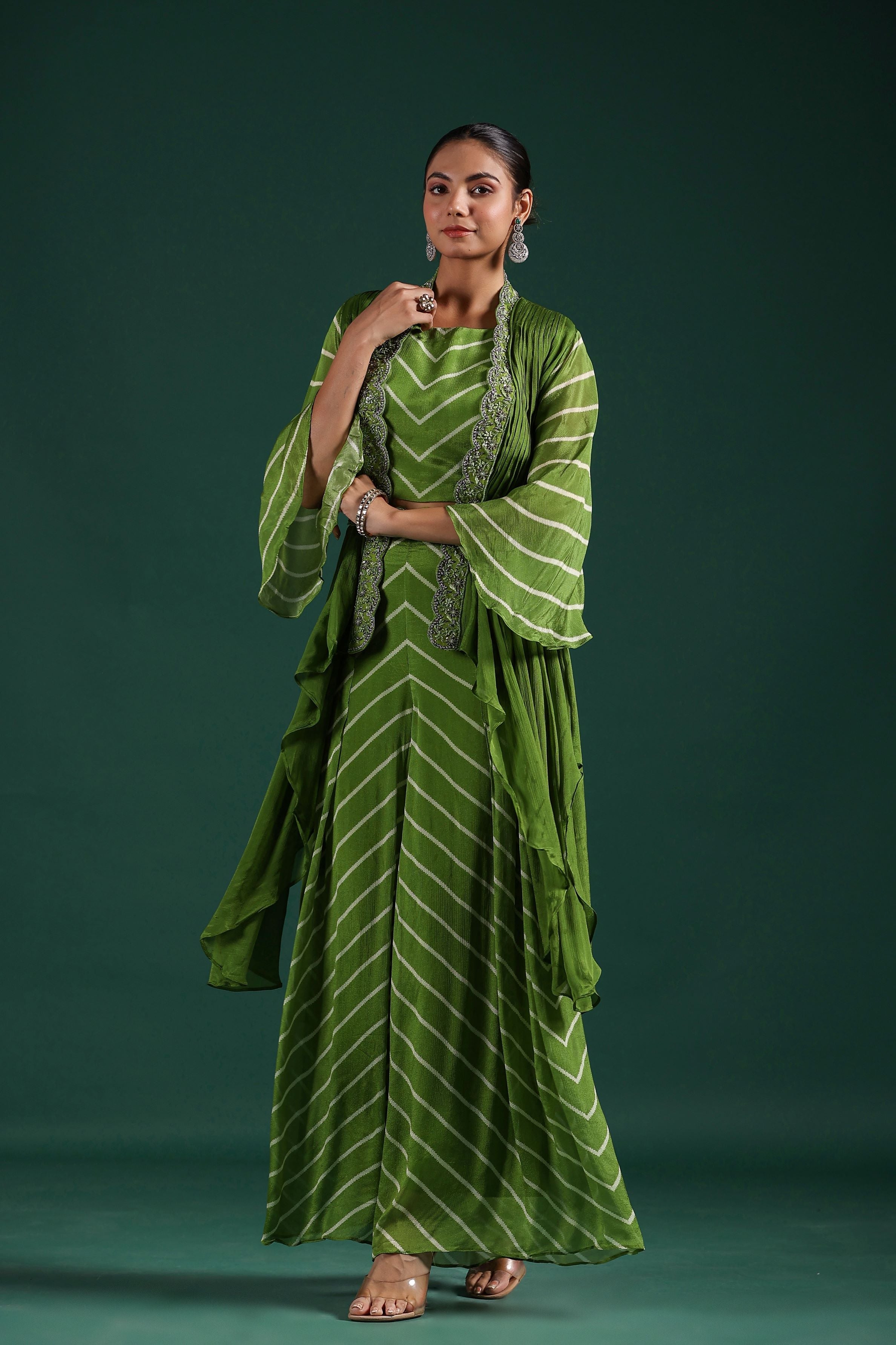 Pear Green Leheria Printed Chinon Silk Cape Set