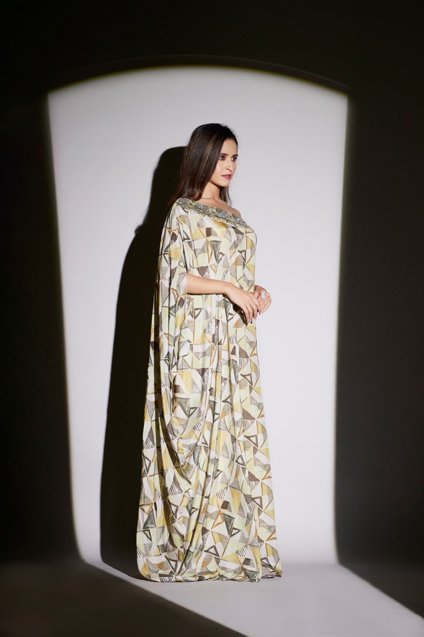 Yellow Abstract Printed Kaftan Dress