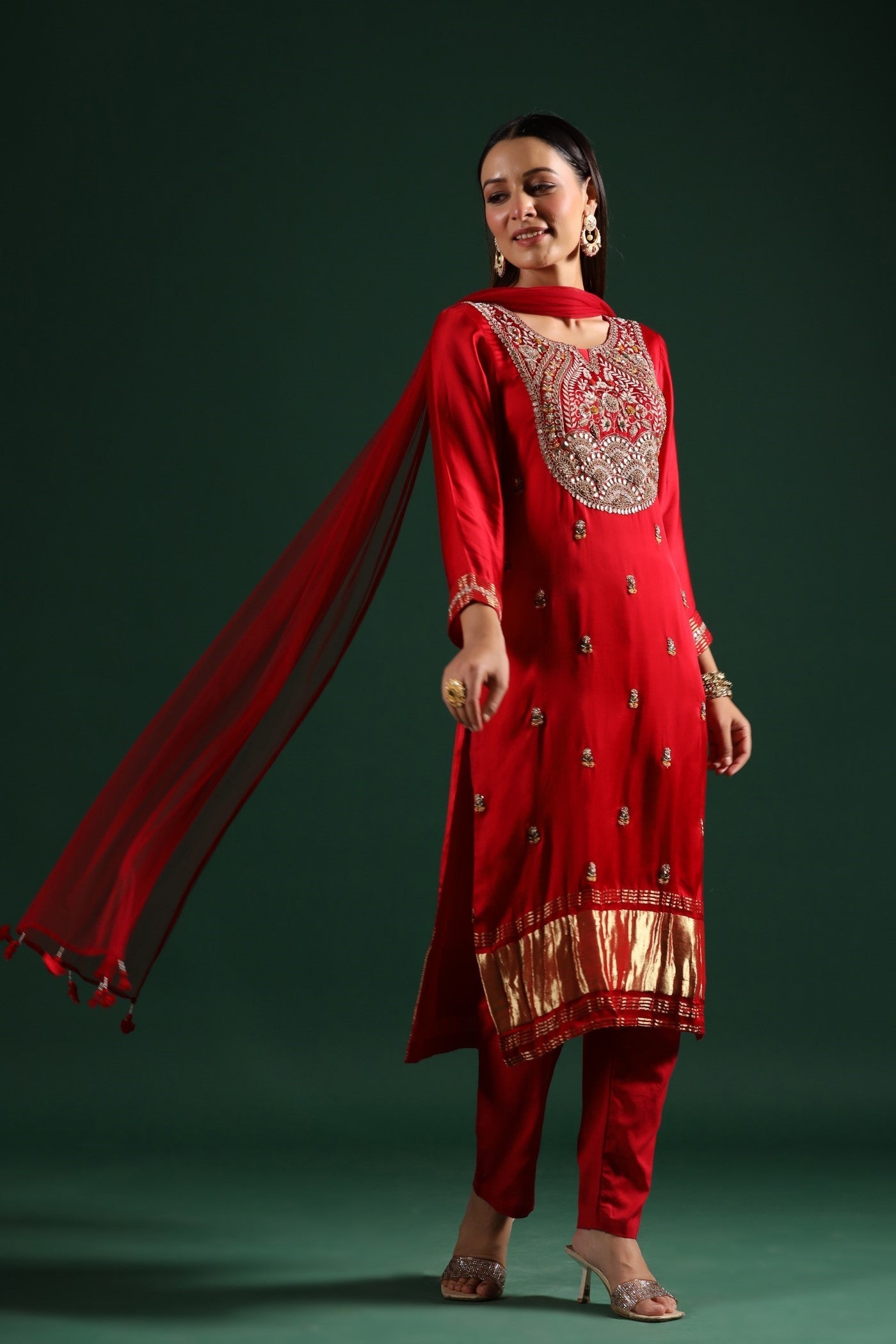 Red Embellished Gazzi Silk Pant Set