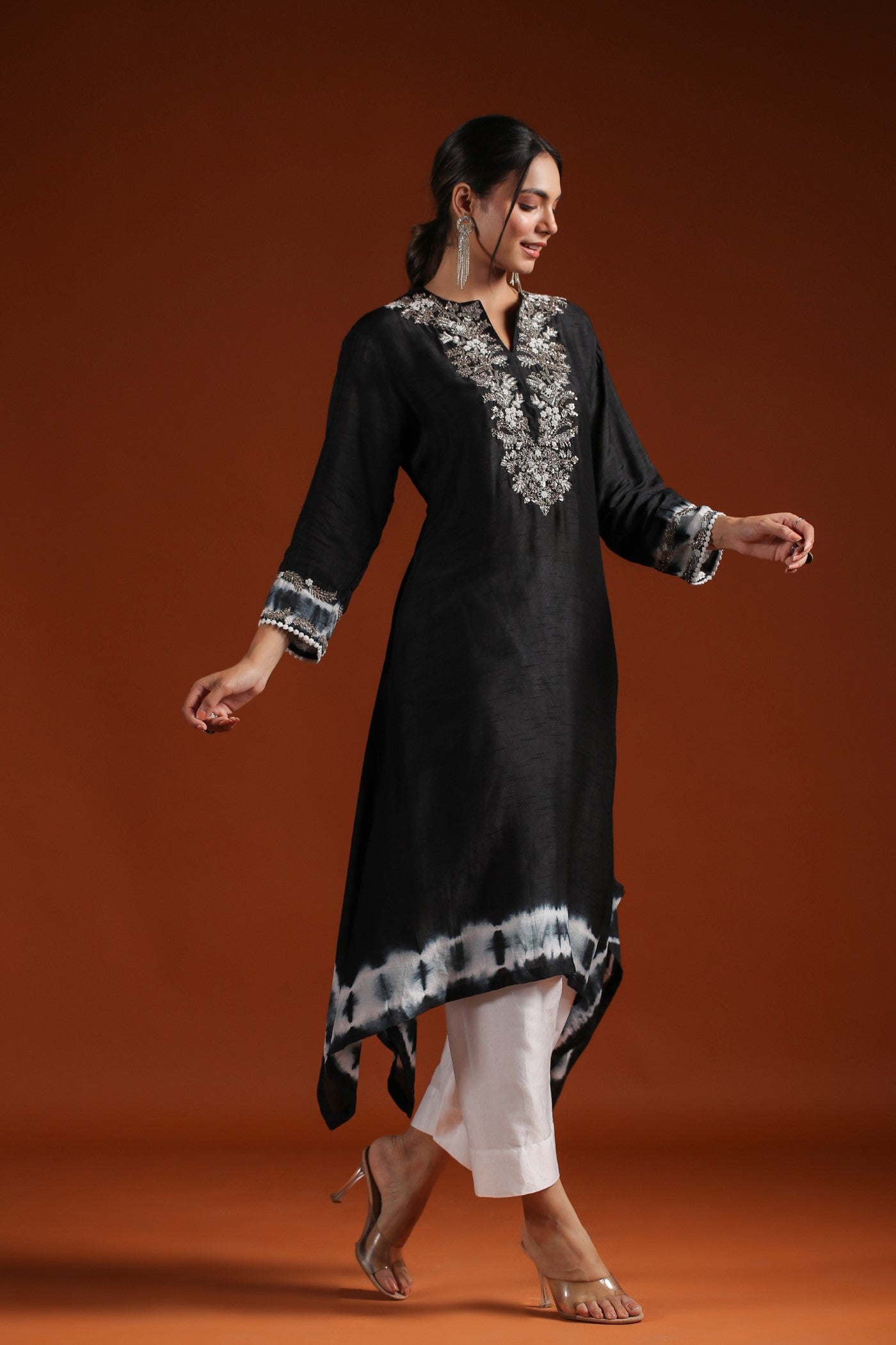 Black Tie Dyed Embellished Kurta & Pant