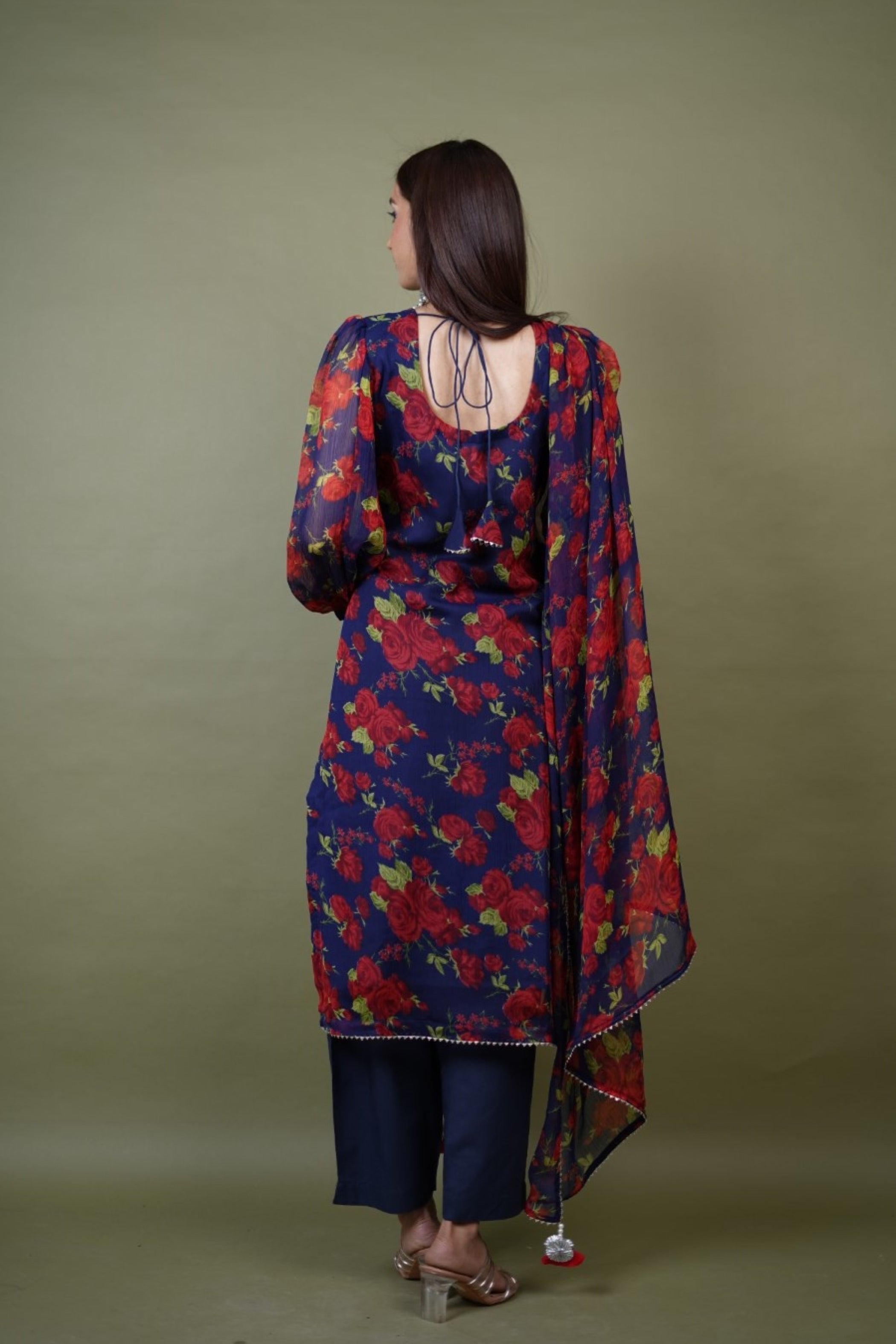 Navy Blue Floral Crushed Chiffon Silk Kurta Set