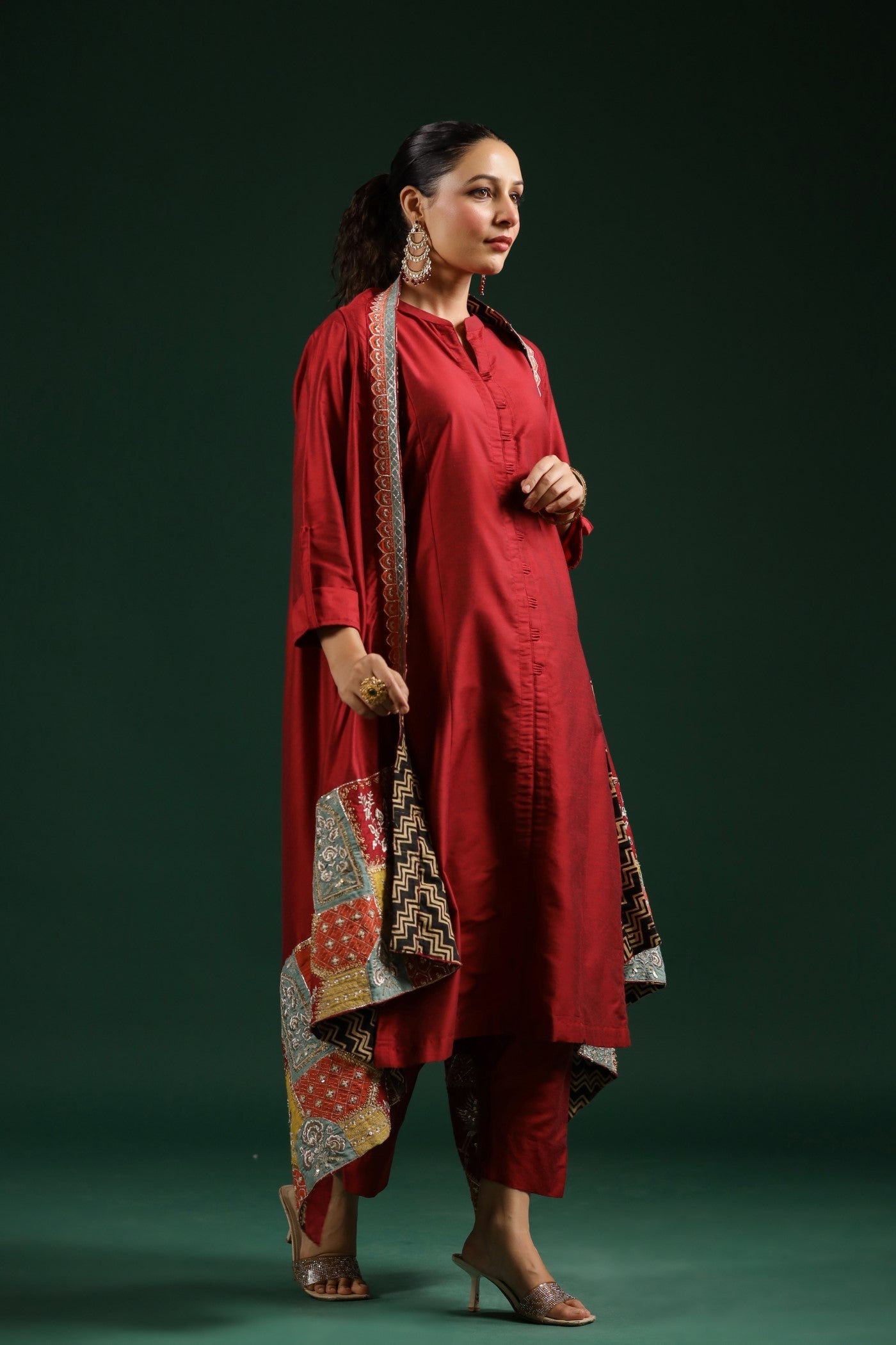 Maroon Ethnical Embroidered Dola Silk Cape Set
