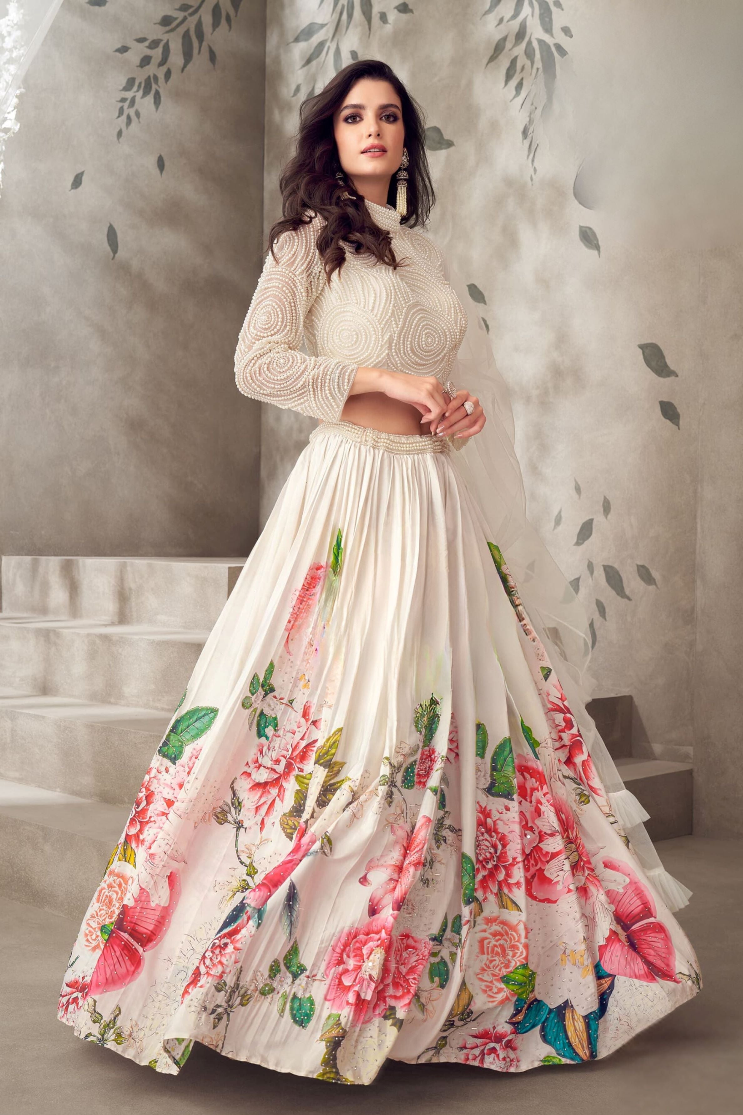 Pearl White Floral Printed Lehenga Set