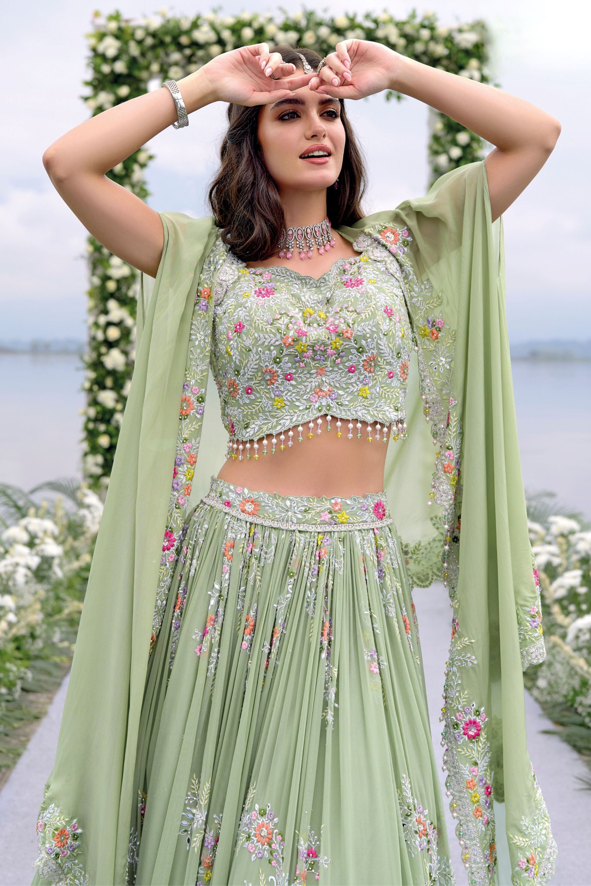 Light Green Embroidered Georgette Silk Lehenga Set